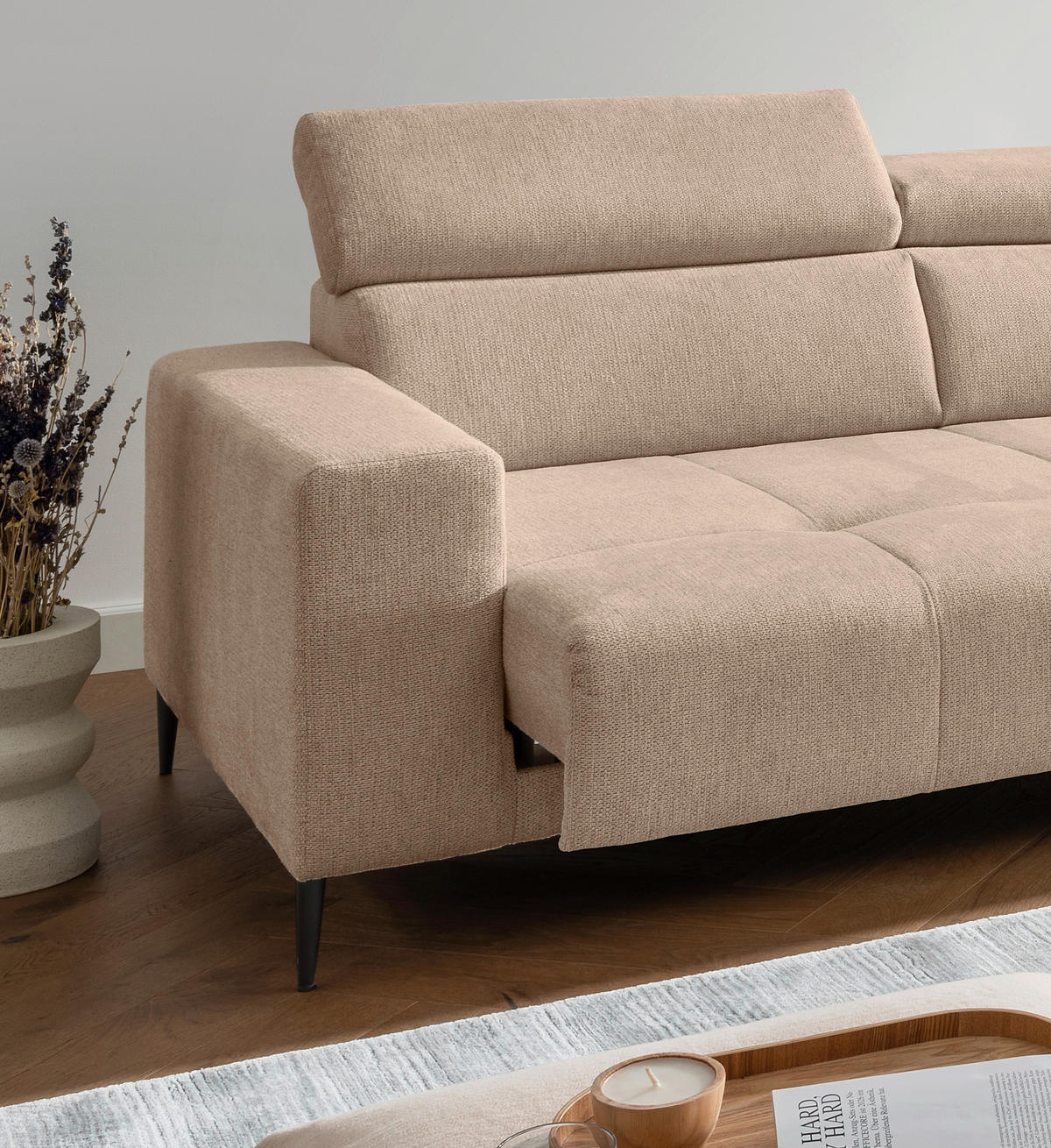 ECKSOFA INTERA Hellbraun Struktur Kopfteilverstellung, Sitzvorzug  - Hellbraun/Schwarz, KONVENTIONELL, Textil/Metall (305/225cm) - Livetastic