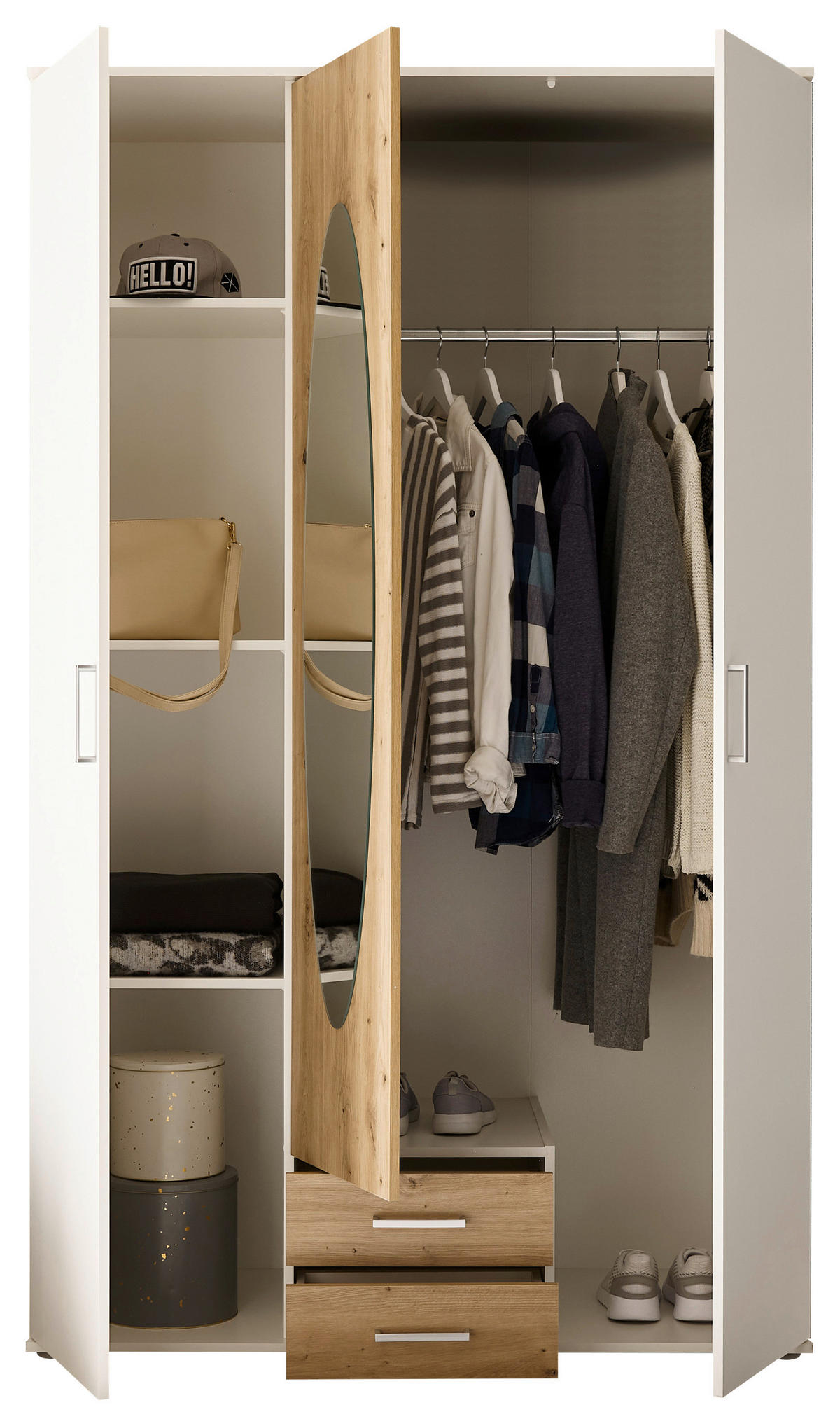 DREHTÜRENSCHRANK 120/195/55 cm 3-türig Weiß, Eiche Artisan  - Alufarben/Weiß, ROMANTIK / LANDHAUS, Glas/Holzwerkstoff (120/195/55cm) - P & B