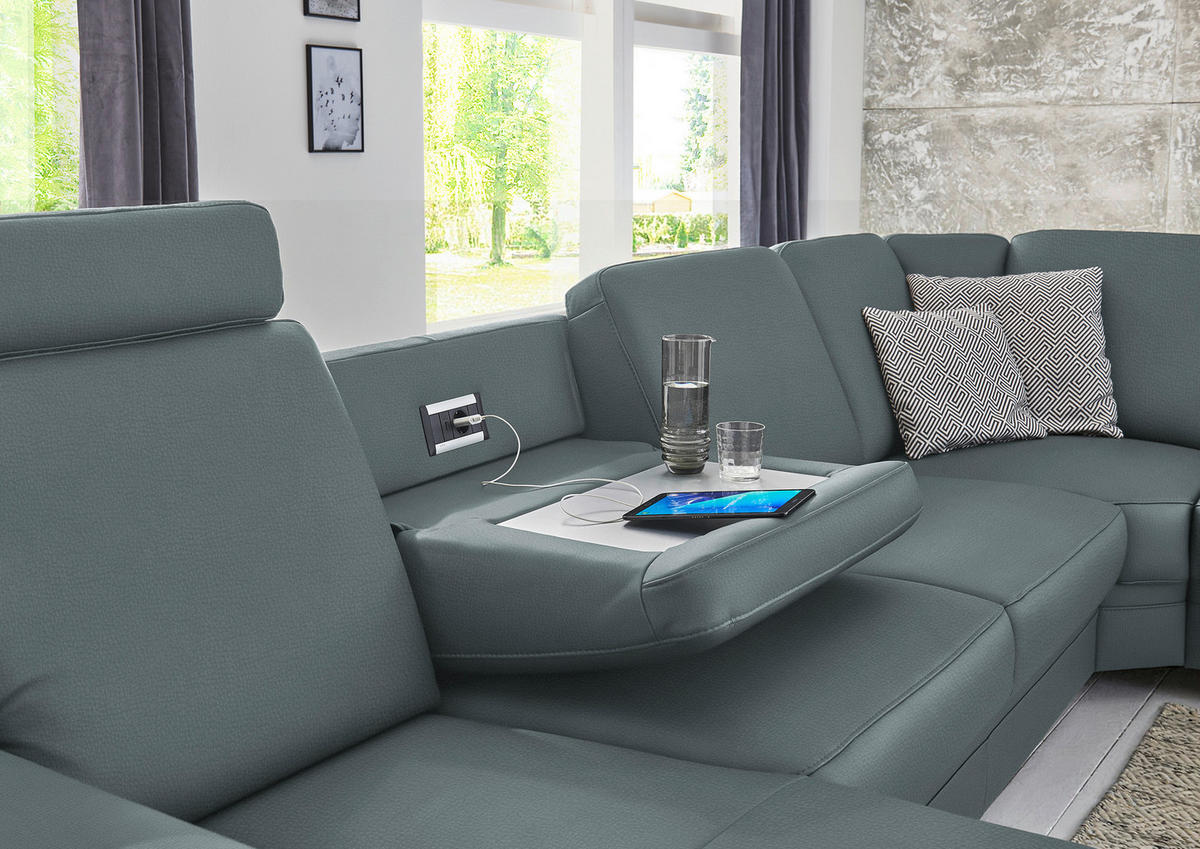 WOHNLANDSCHAFT Echtleder Grau  - Alufarben/Grau, Konventionell, Leder/Metall (165/329/239cm) - Beldomo Premium