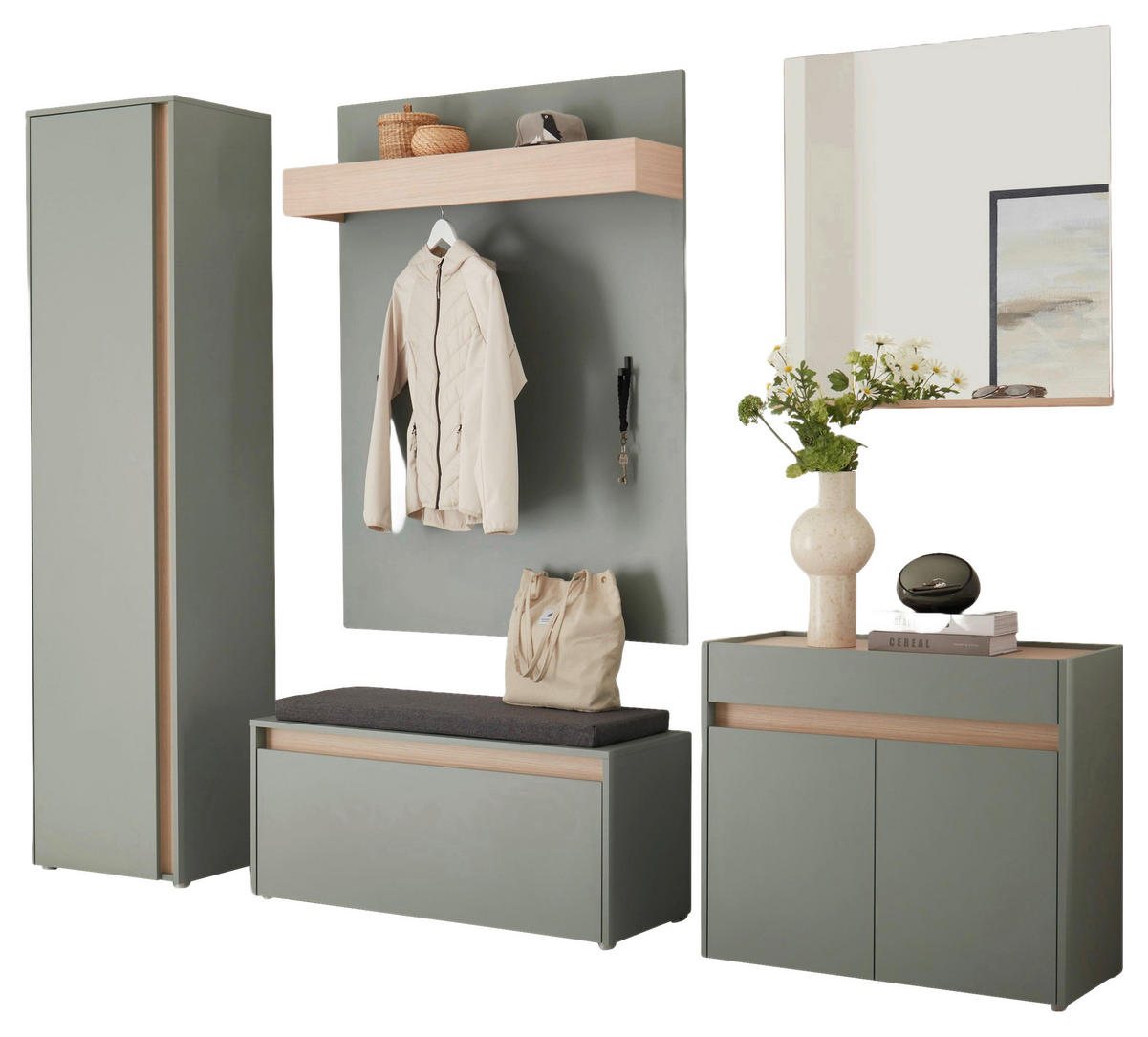 GARDEROBE 6-teilig  in 260/200/40 cm  - Eichefarben/Salbeigrün, Design, Holzwerkstoff/Textil (260/200/40cm) - Modante
