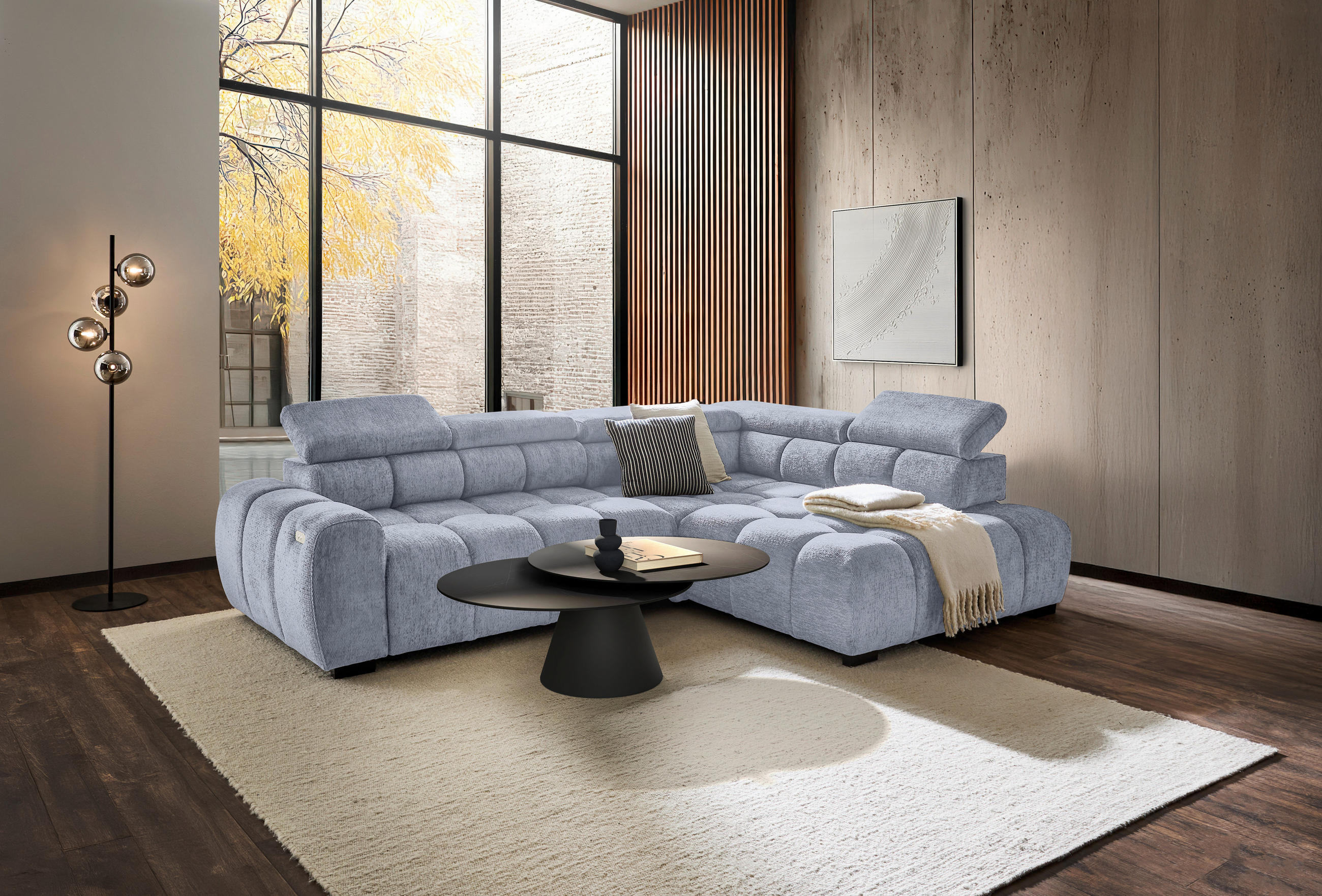ECKSOFA inkl. Funktionen Ottomane rechts  Grau, Hellblau Webstoff  - Schwarz/Grau, MODERN, Kunststoff/Textil (297/205cm) - Welnova