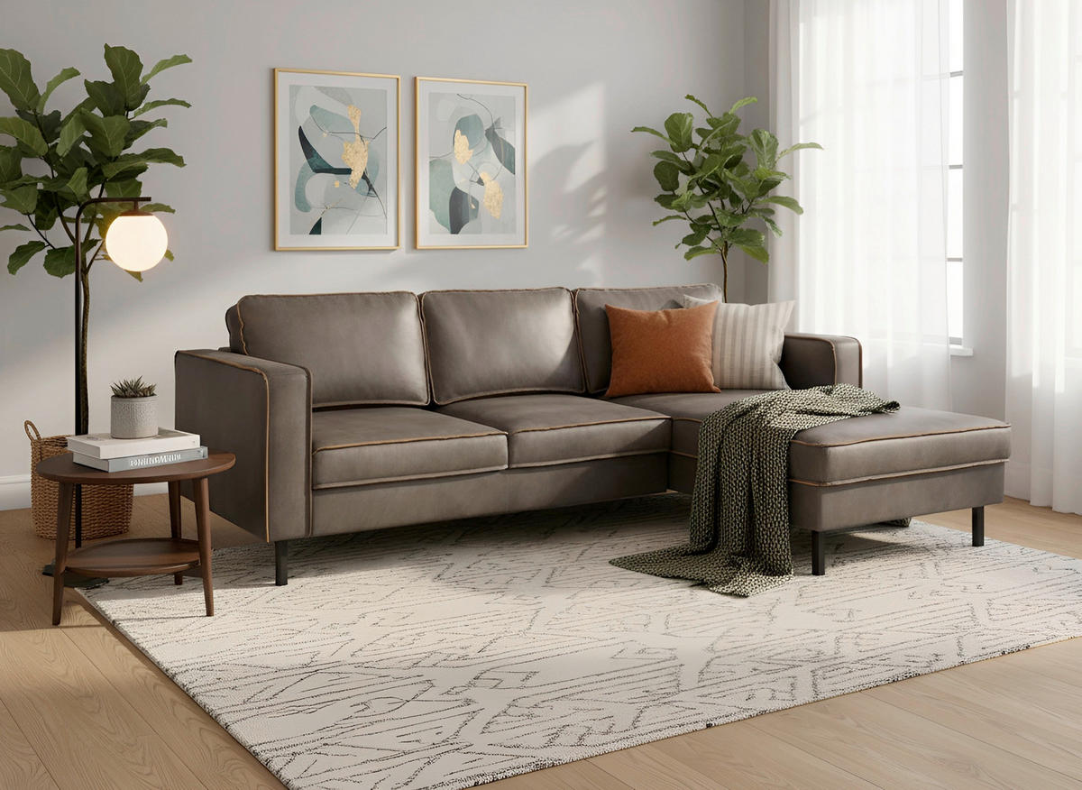 ECKSOFA Lederlook, Mikrofaser Echtleder Hellgrau  - Hellgrau/Schwarz, Modern, Leder/Textil (232/161cm) - Trendmanufaktur