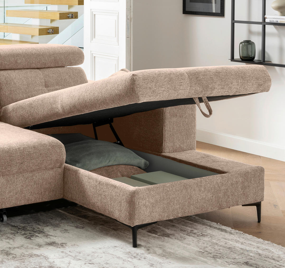 ECKSOFA Chenille Hellbraun  - Hellbraun/Schwarz, Basics, Textil/Metall (270/186cm) - Livetastic