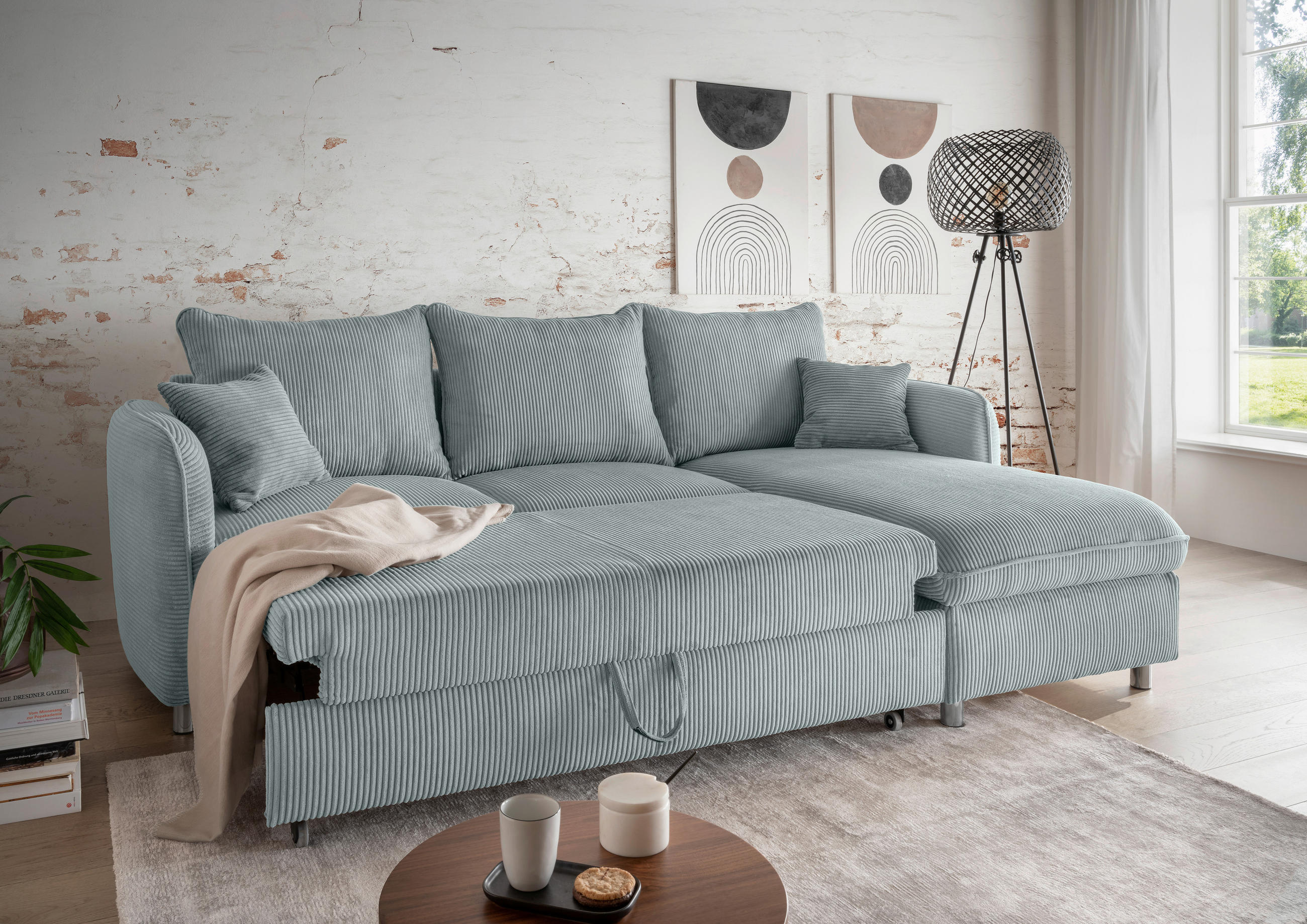 ECKSCHLAFSOFA in Cord Hellblau  - Chromfarben/Hellblau, Modern, Textil/Metall (254/160cm) - Livetastic