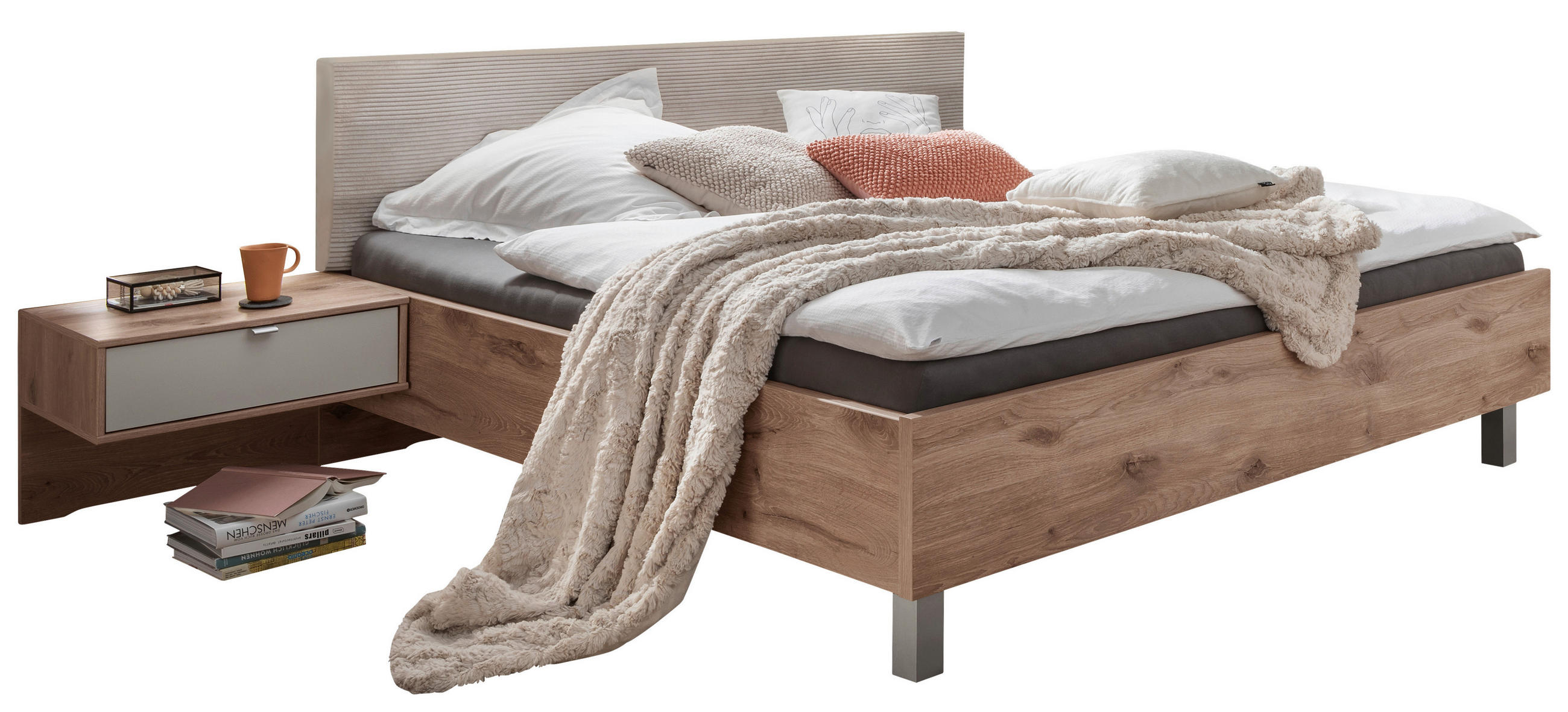 BETTANLAGE 180/200 cm  in Creme, Eichefarben, Hellgrau  - Eichefarben/Creme, Natur, Holzwerkstoff/Textil (180/200cm) - Venda