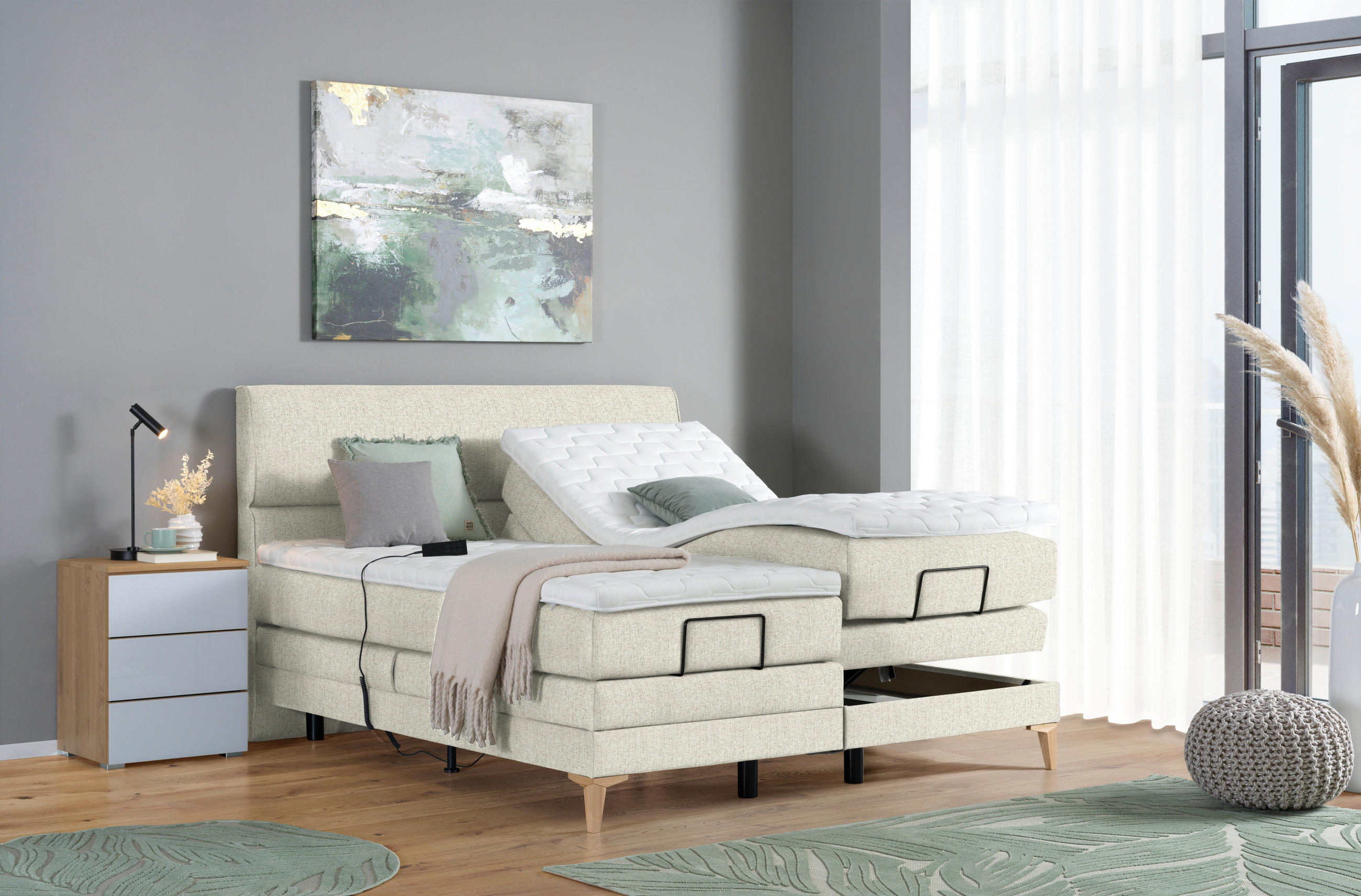 BOXSPRINGBETT 200/200 cm  in Creme  - Eichefarben/Creme, KONVENTIONELL, Holz/Textil (200/200cm) - Voleo