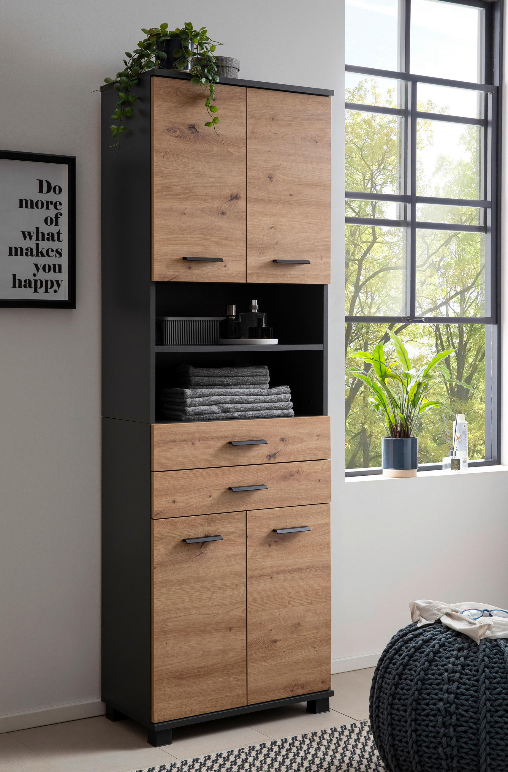 Thumbnail - Stylife Hochschrank Palermo, Anthrazit, Eiche Artisan, Metall, 2 Fächer, 2 Schublade(n) Schubladen, einzeln stellbar, 60...