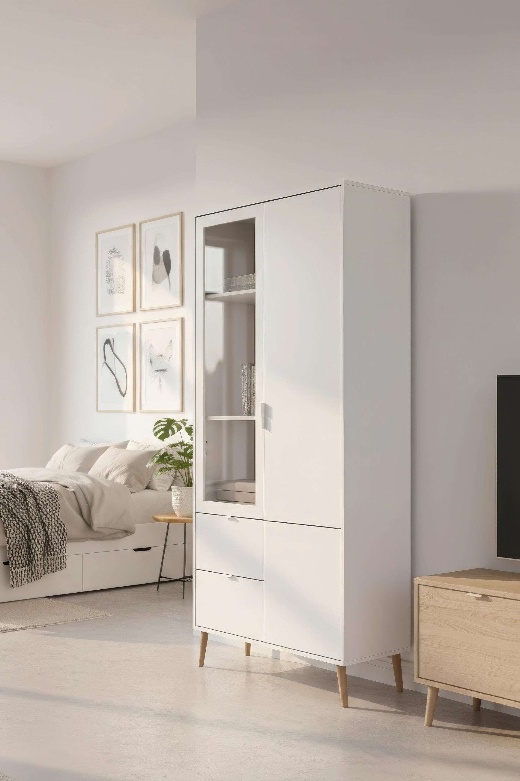 VITRINE Soma in Weiß, Eichefarben  - Eichefarben/Weiß, Design, Glas/Holzwerkstoff (92/190/40cm) - MID.YOU