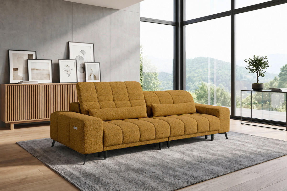 BIGSOFA inkl. motor.Sitzvorzug Chenille Senfgelb  - Senfgelb/Schwarz, MODERN, Textil/Metall (300/112/121-181cm) - Xora