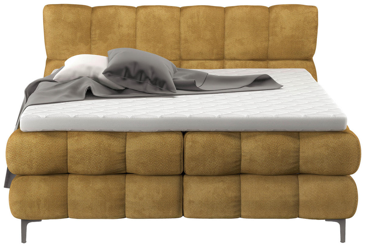 BOXBETT 160/200 cm,  in Goldfarben, gepolstertes Kopfteil, Bettkasten, Topper, H3 + H3 = fest  - Goldfarben/Schwarz, Design, Textil/Metall (160/200cm) - Ti'me