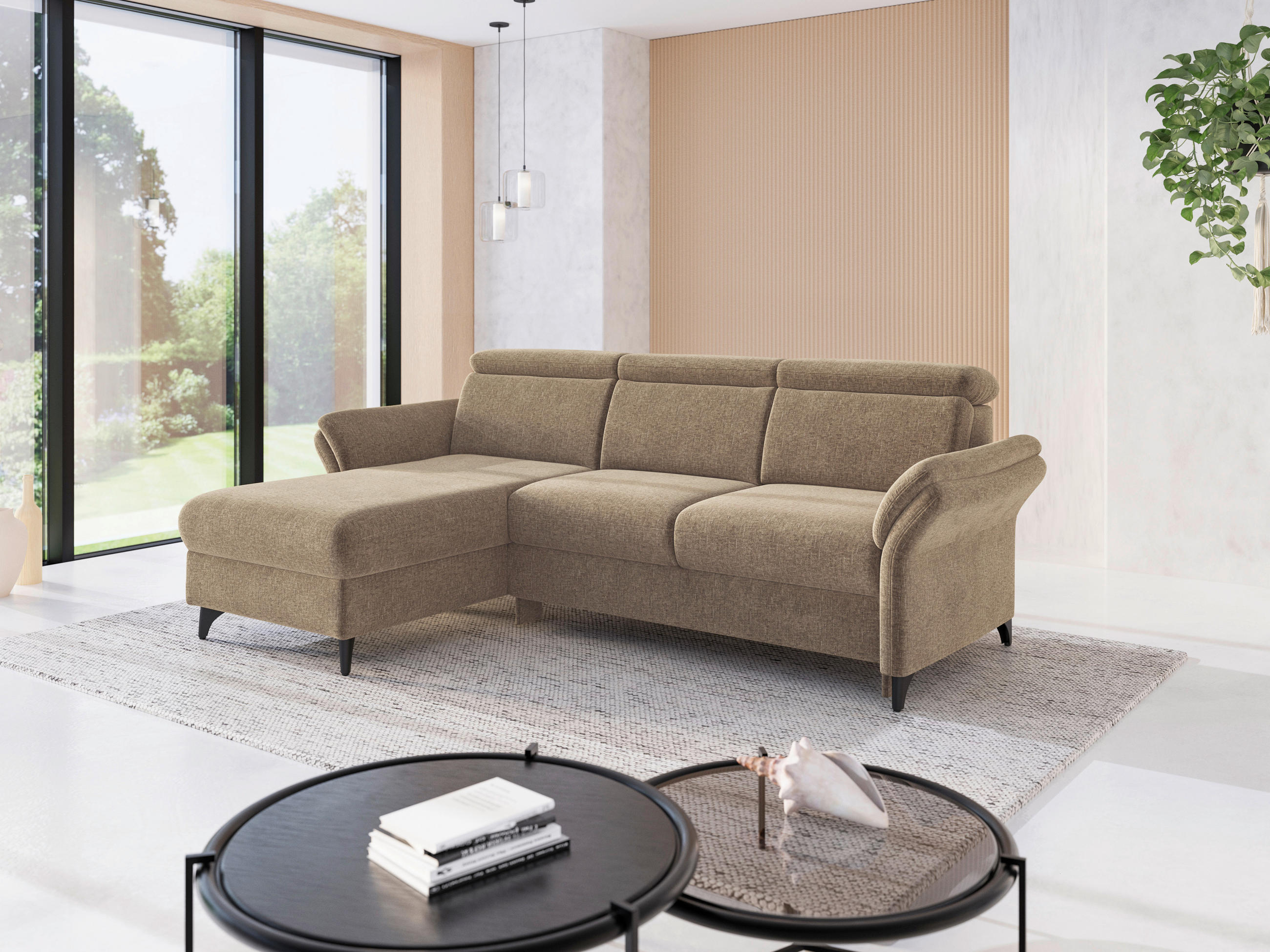 ECKSOFA Flachgewebe Hellbraun - Hellbraun/Schwarz, Konventionell, Textil/Metall (166/253cm) - Sit & More