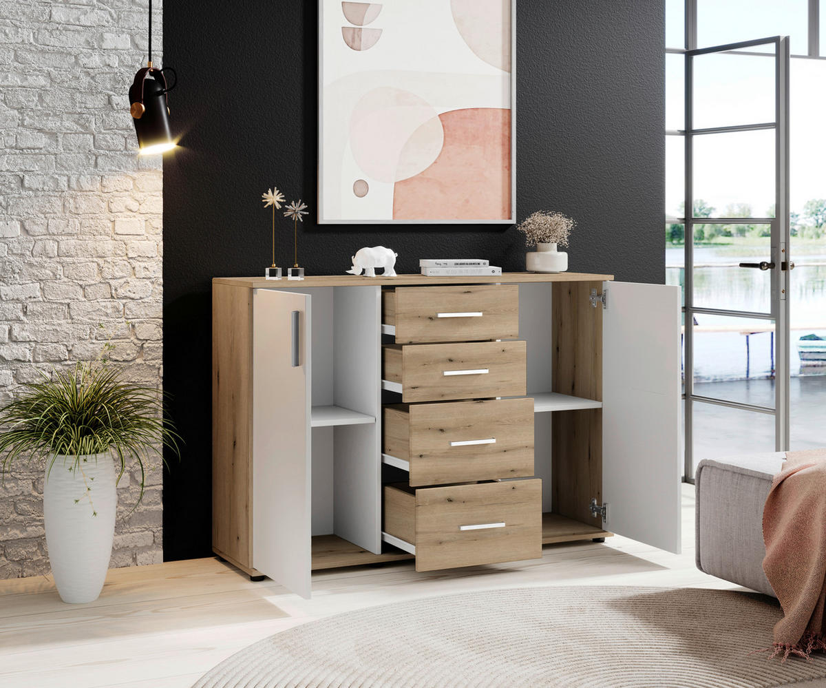 ŠIROKÁ KOMODA, bílá, barvy dubu, 120/84/35 cm - bílá/barvy stříbra, Design, kompozitní dřevo/plast (120/84/35cm) - MID.YOU