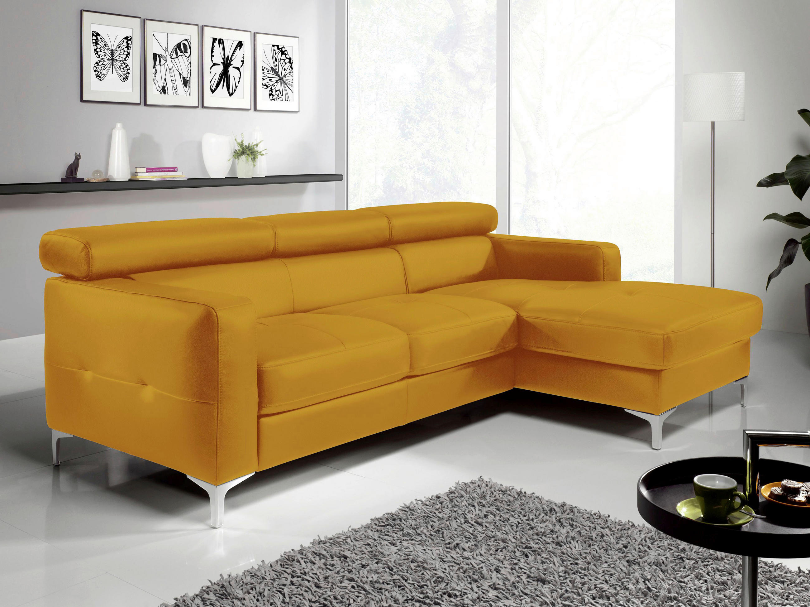 ECKSOFA in Echtleder Gelb - Chromfarben/Gelb, Design, Leder/Metall (226/169cm) - Livetastic