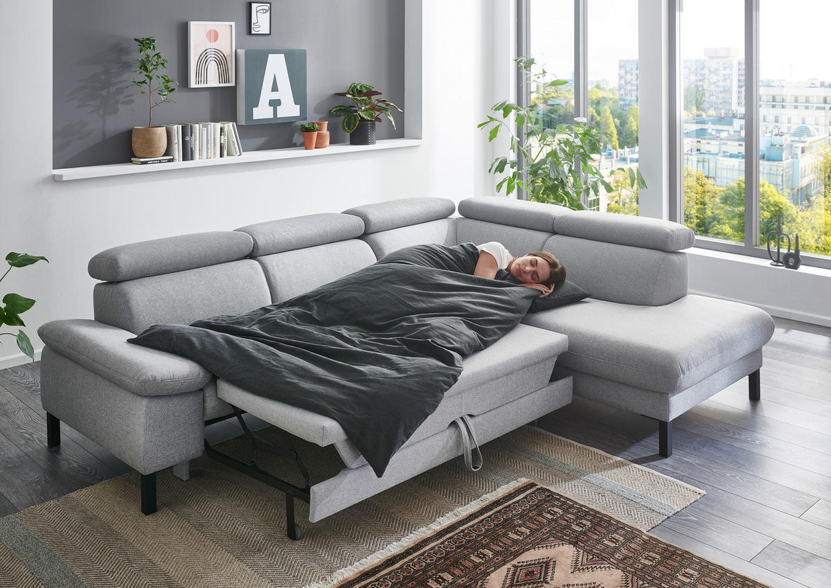 ECKSOFA in Flachgewebe Hellgrau  - Hellgrau/Schwarz, Design, Holzwerkstoff/Textil (272/217cm) - Pure Home Comfort