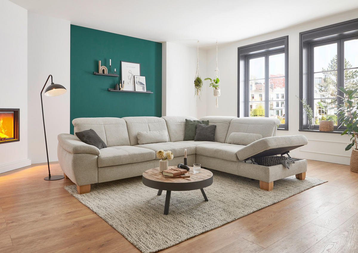 ECKSOFA in Flachgewebe Ecru  - Wildeiche/Ecru, Natur, Holz/Textil (301/243cm) - Voleo