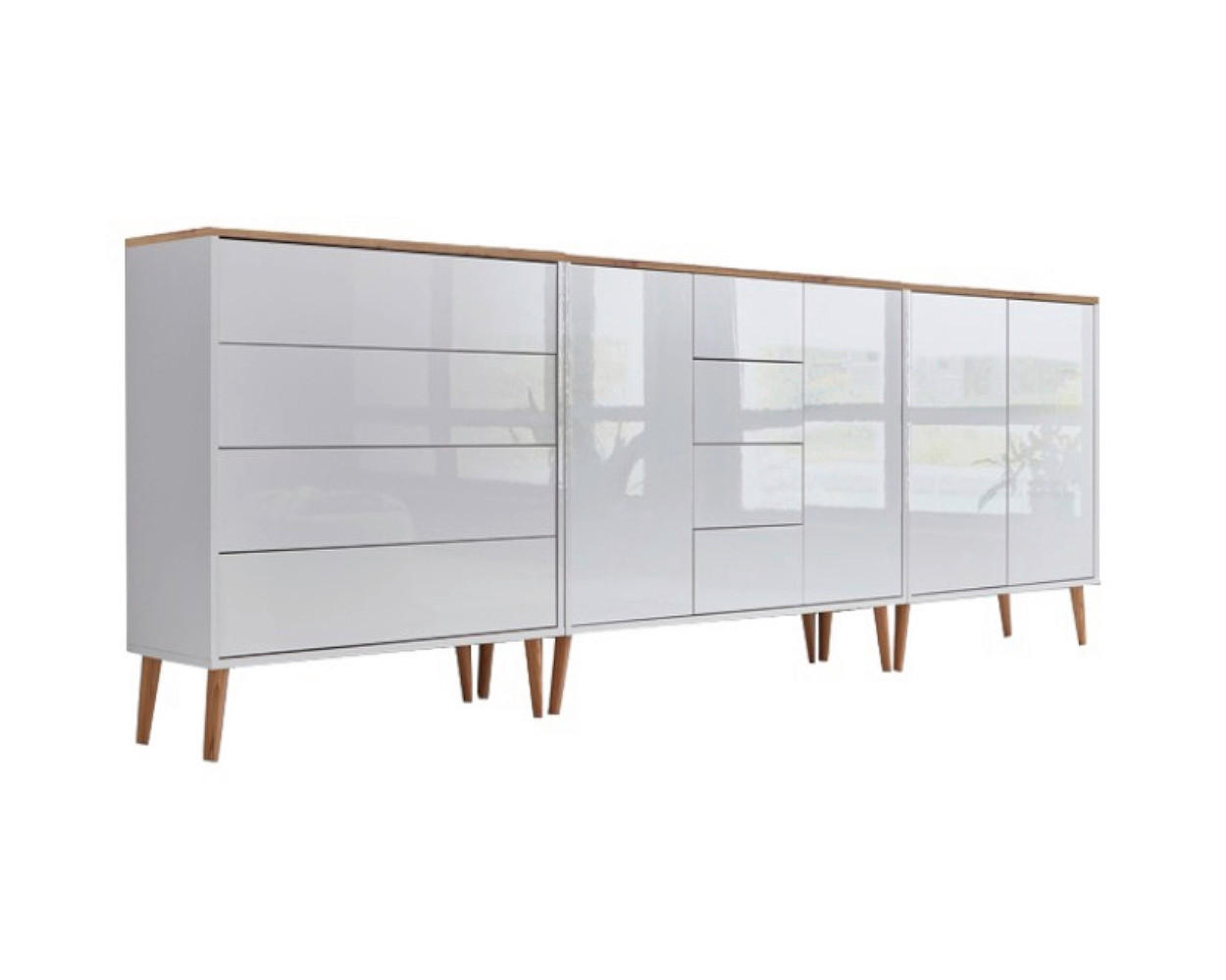Mid.you Sideboard Mailand Set 11 + HF Weiß, Eiche Artisan, Weiß Hochglanz 263.5x86x33 cm