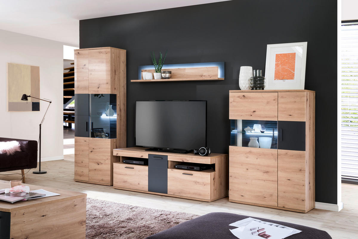 OBÝVACÍ STĚNA, antracitová, čiré, barvy dubu - barvy dubu/černá, Design, kov/kompozitní dřevo (330/198/50cm) - Livetastic