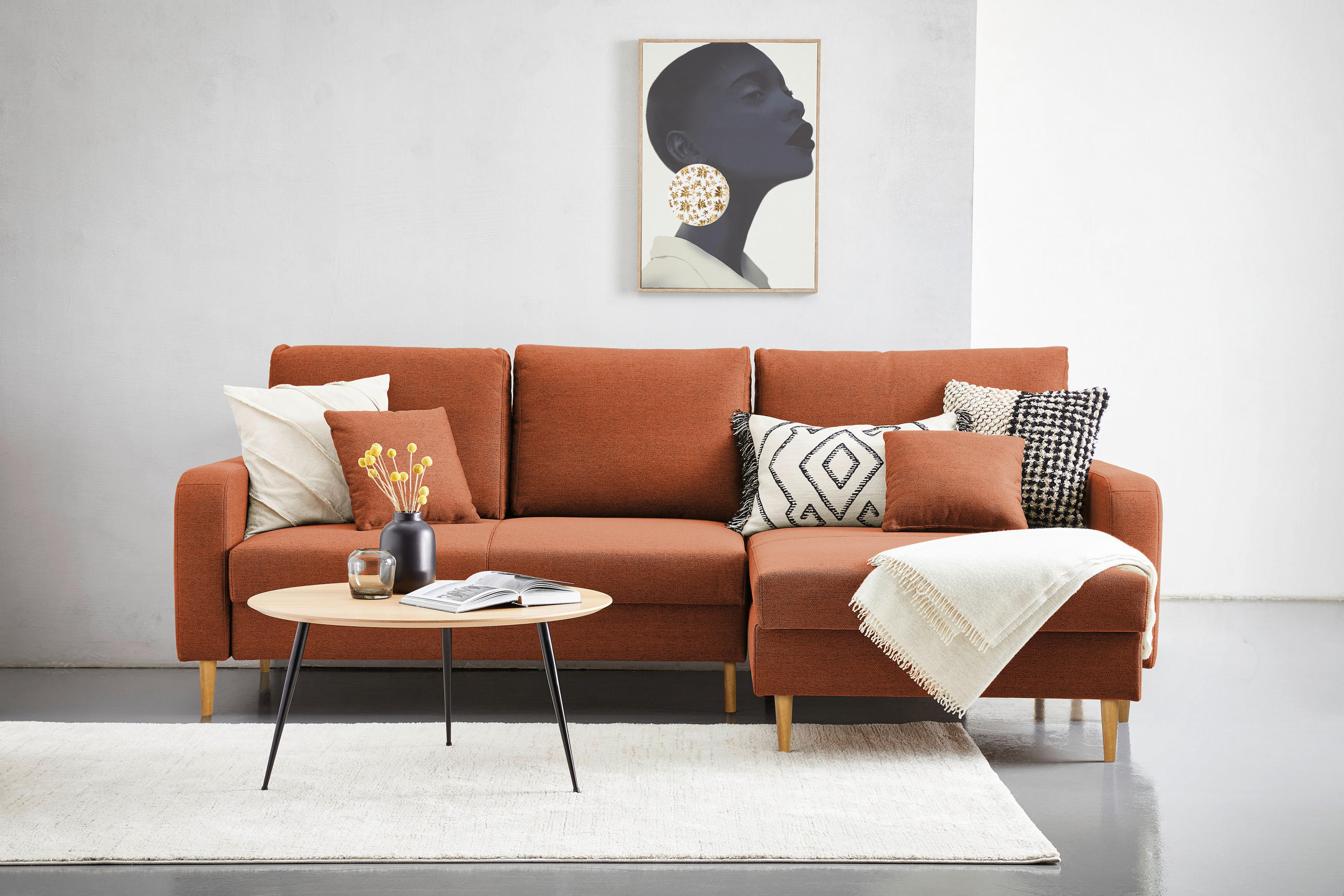 ECKSOFA in Flachgewebe Rostfarben  - Rostfarben/Eiche Wotan, Konventionell, Holz/Textil (255/157cm) - Carryhome
