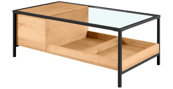 COUCHTISCH Eiche furniert, massiv ESG 110/60/40 cm rechteckig Klar, Naturfarben, Schwarz - Klar/Eichefarben, Natur, Glas/Holz (110/60/40cm) - Novel