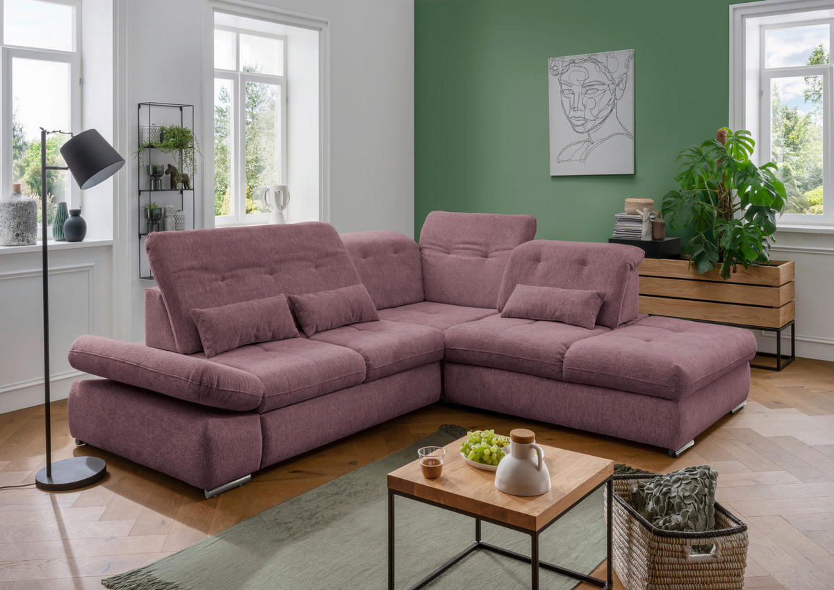ECKSOFA Brombeere Chenille  - Chromfarben/Brombeere, Design, Textil/Metall (280/254cm) - Livetastic
