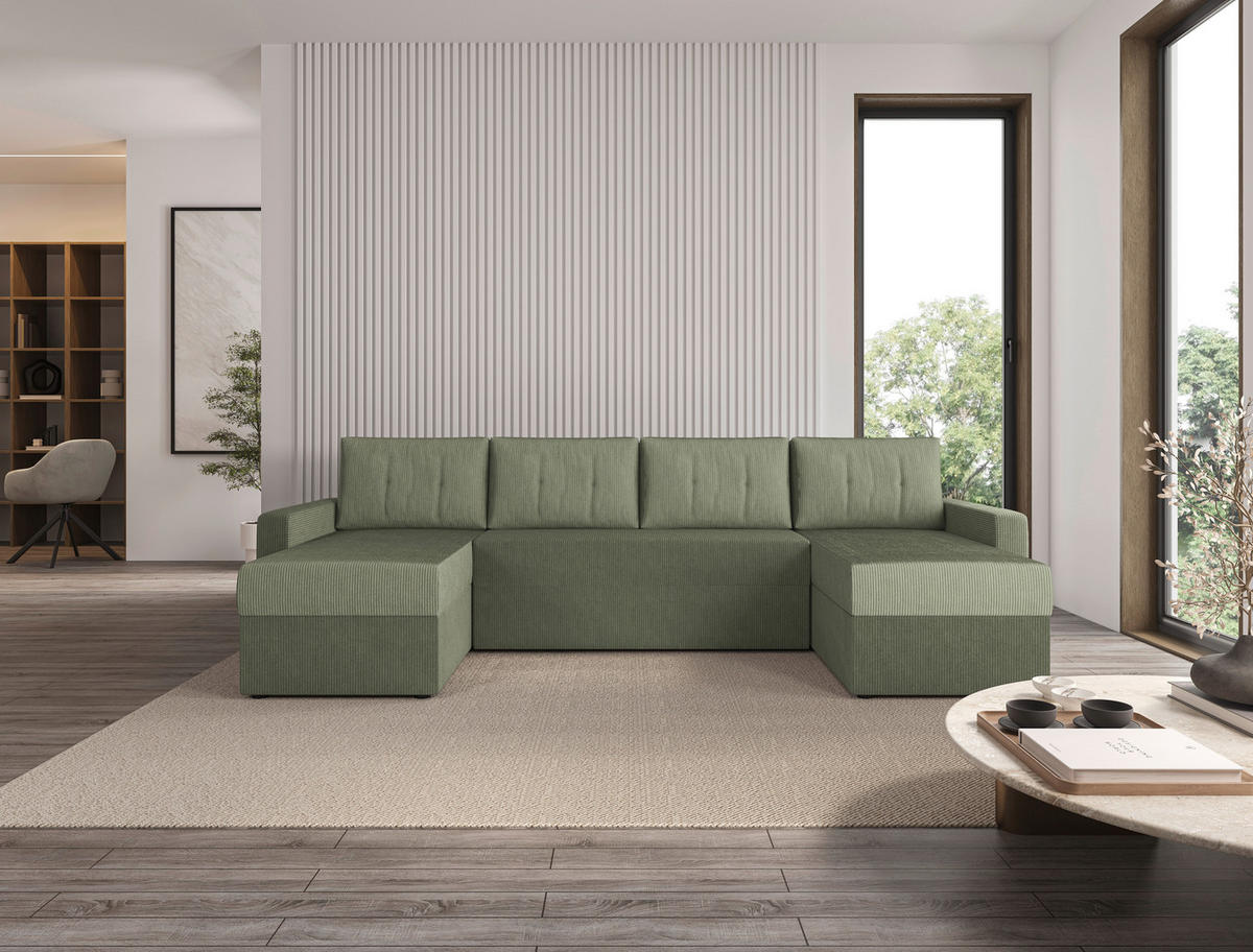 WOHNLANDSCHAFT Salbeigrün Cord  - Salbeigrün/Schwarz, KONVENTIONELL, Kunststoff/Textil (152/290/152cm) - Ti'me