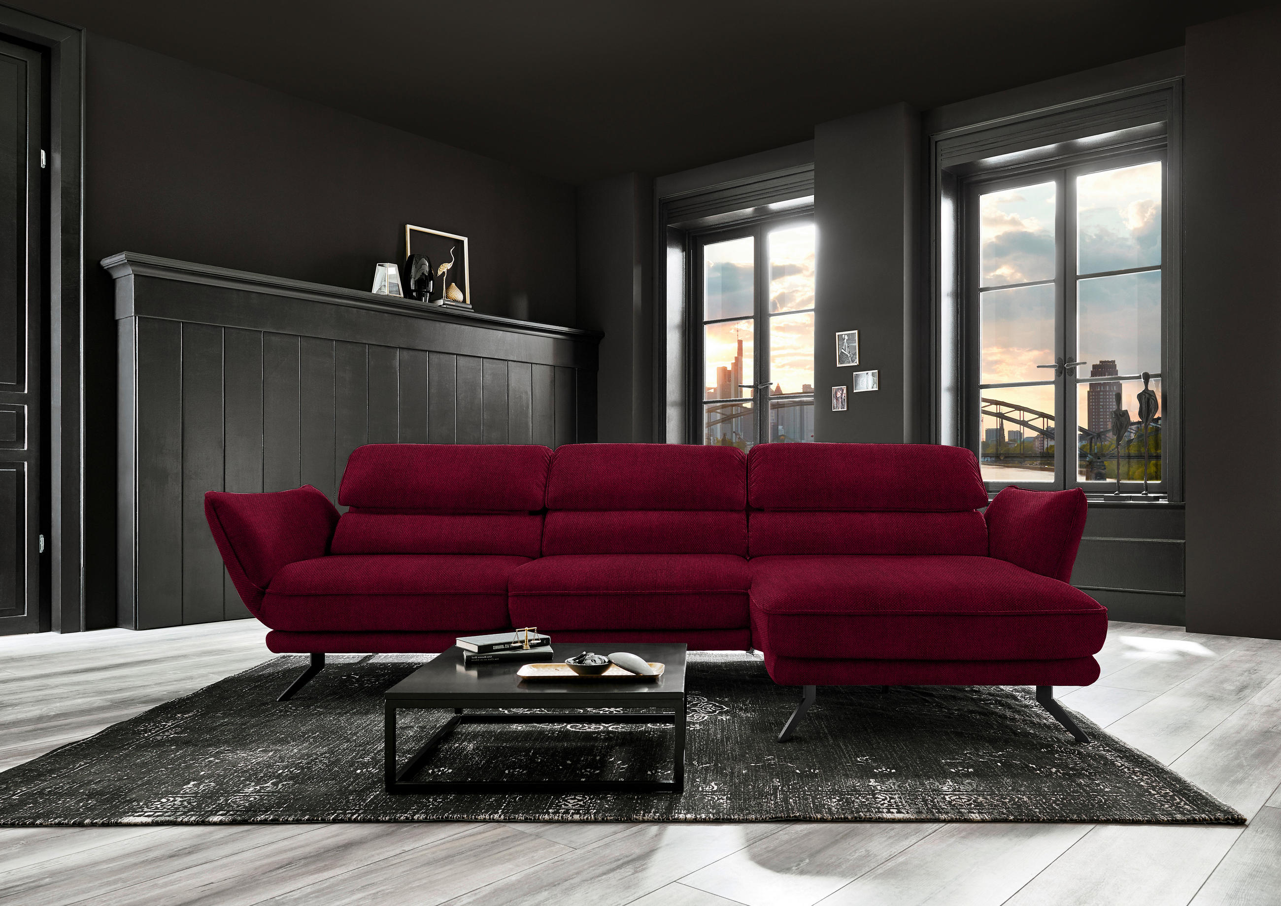 ECKSOFA in Velours Rot  - Rot/Schwarz, Design, Textil/Metall (283/153cm) - Valdera
