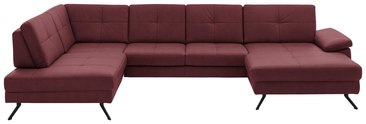 WOHNLANDSCHAFT in Lederlook, Mikrofaser Bordeaux  - Bordeaux/Schwarz, Design, Textil/Metall (220/345/179cm) - Beldomo System