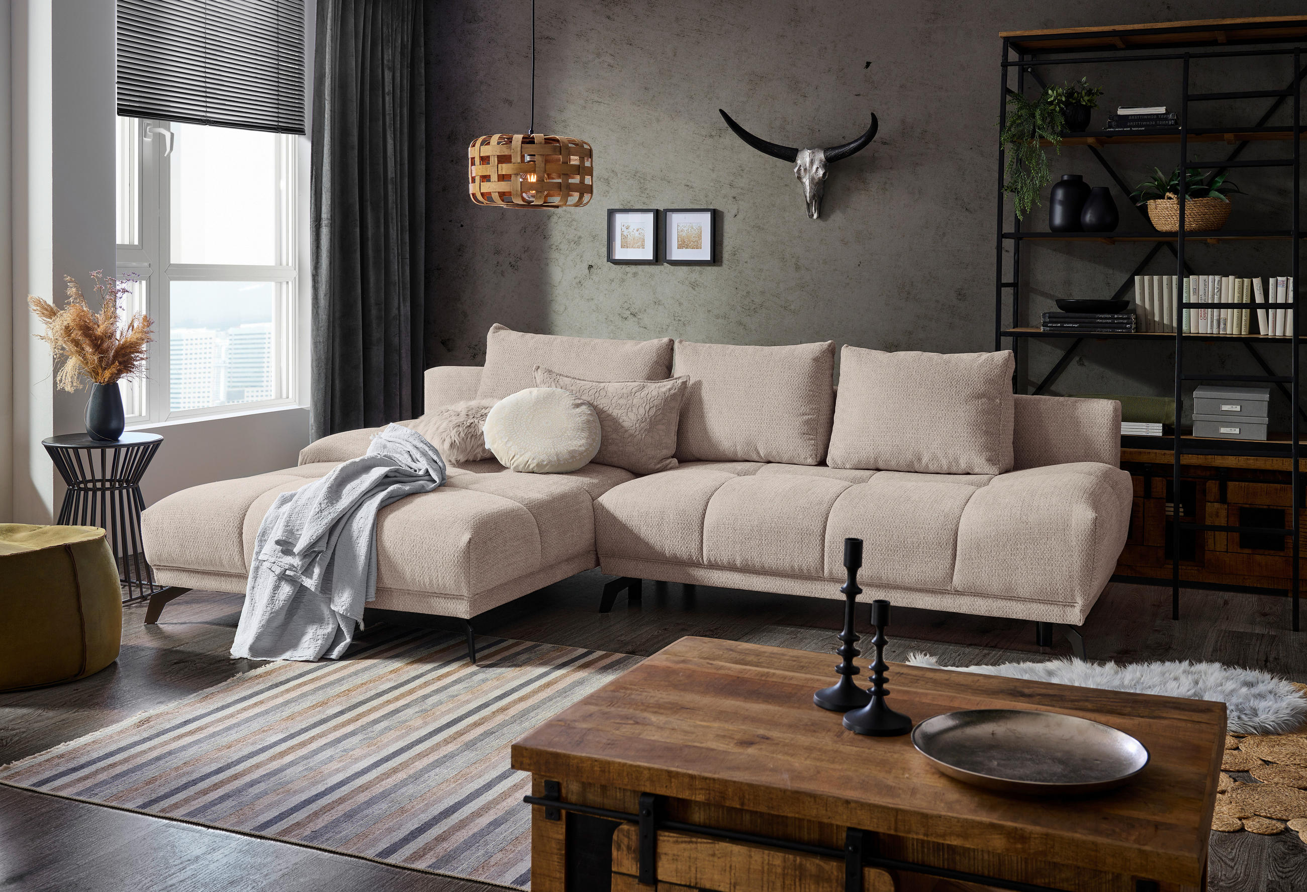 ECKSOFA in Chenille Greige  - Greige/Schwarz, Modern, Textil/Metall (182/290cm) - Hom`in