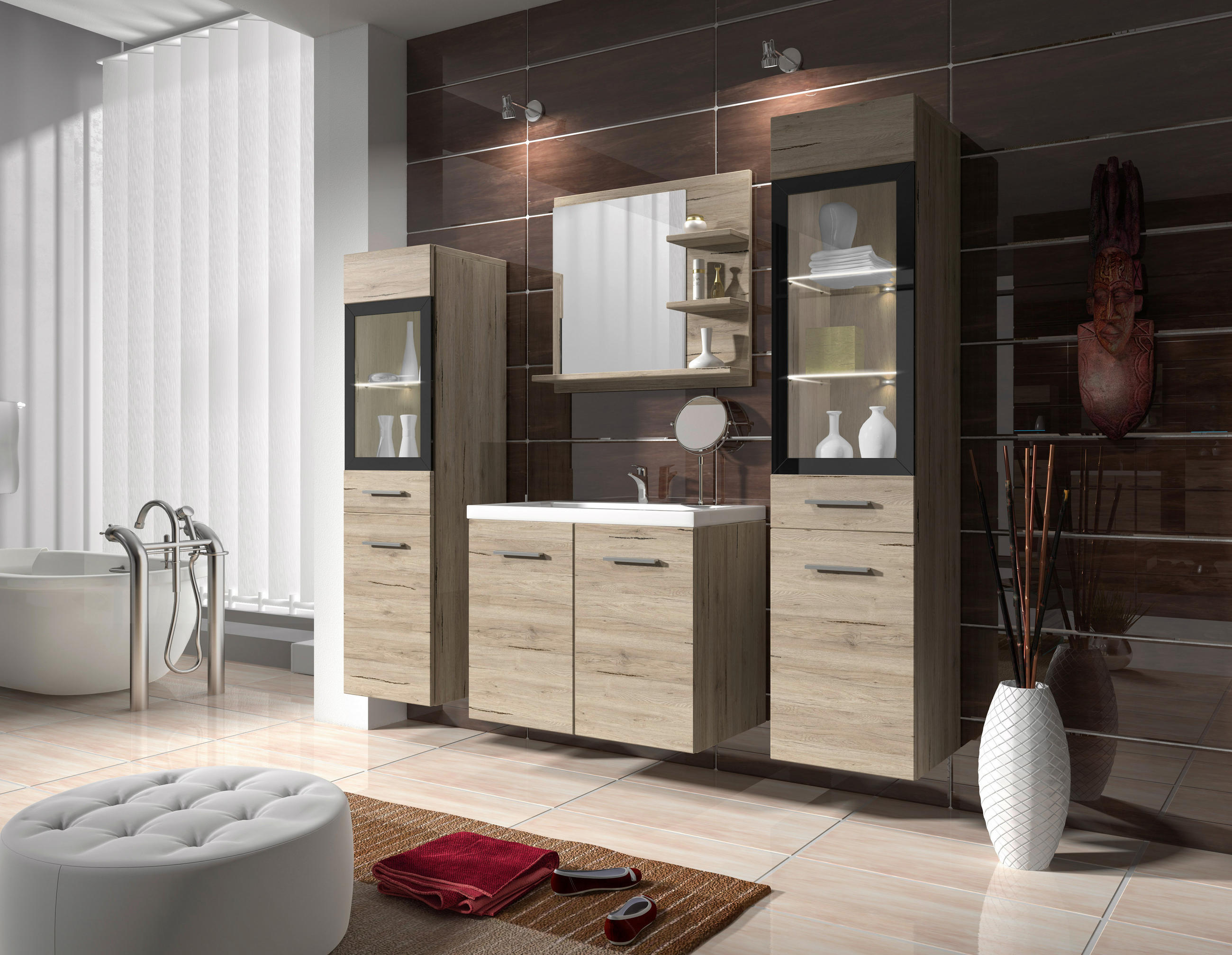 BADEZIMMER 5-teilig  in 120 cm  - Eiche San Remo/Weiß, LIFESTYLE, Glas/Holzwerkstoff (120cm) - P & B
