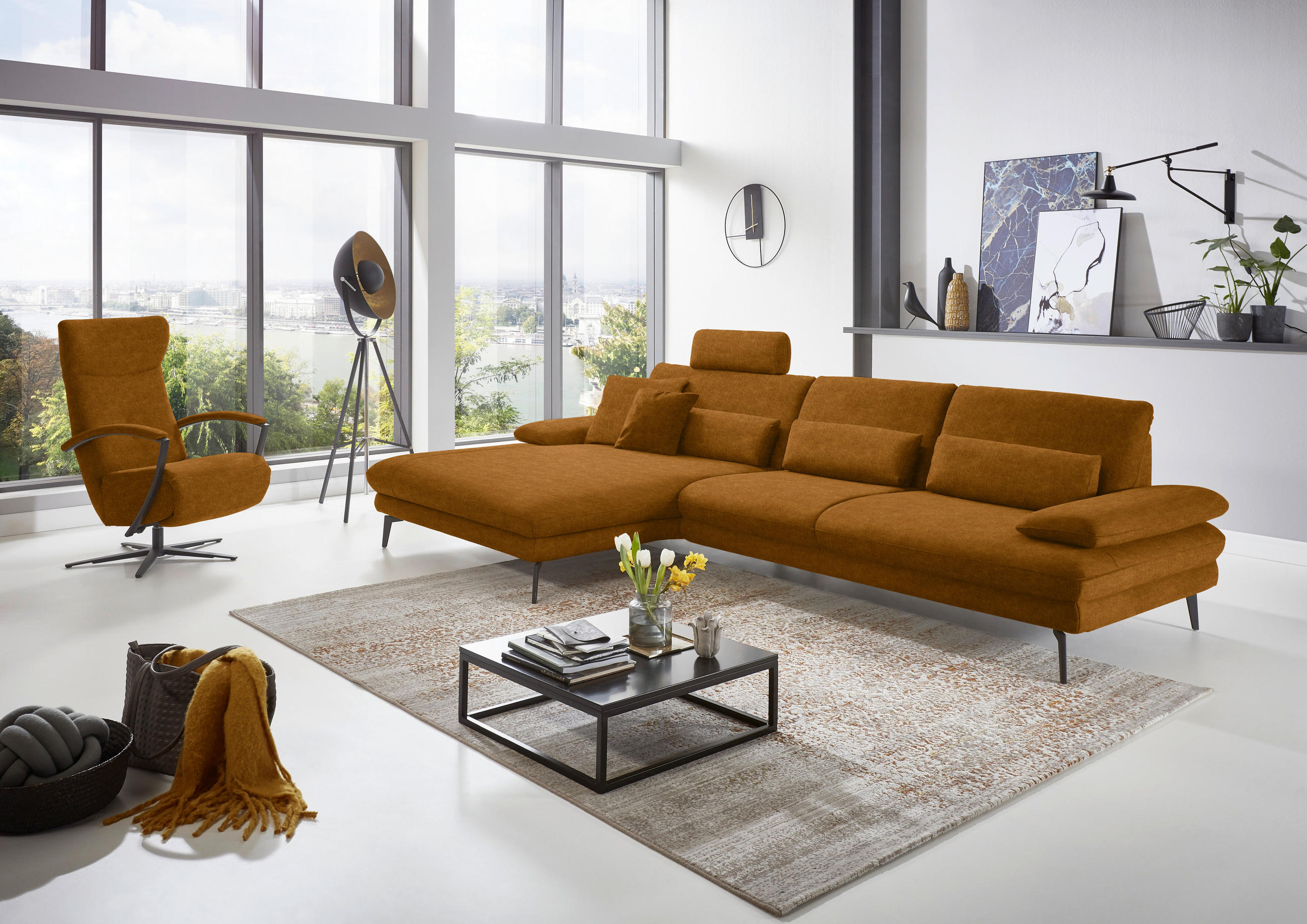 ECKSOFA in Velours Cognac  - Cognac/Schwarz, Design, Textil/Metall (180/310cm) - Dieter Knoll