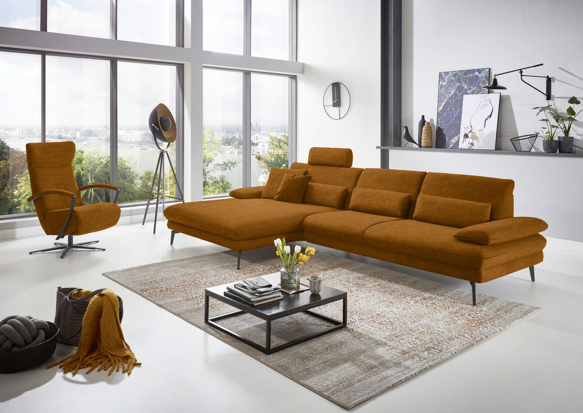 ECKSOFA in Velours Cognac  - Cognac/Schwarz, Design, Textil/Metall (180/310cm) - Dieter Knoll