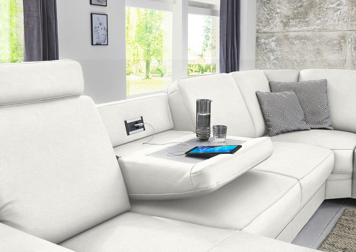 WOHNLANDSCHAFT Echtleder Weiss  - Weiss/Alufarben, Konventionell, Leder/Metall (165/329/239cm) - Beldomo Premium
