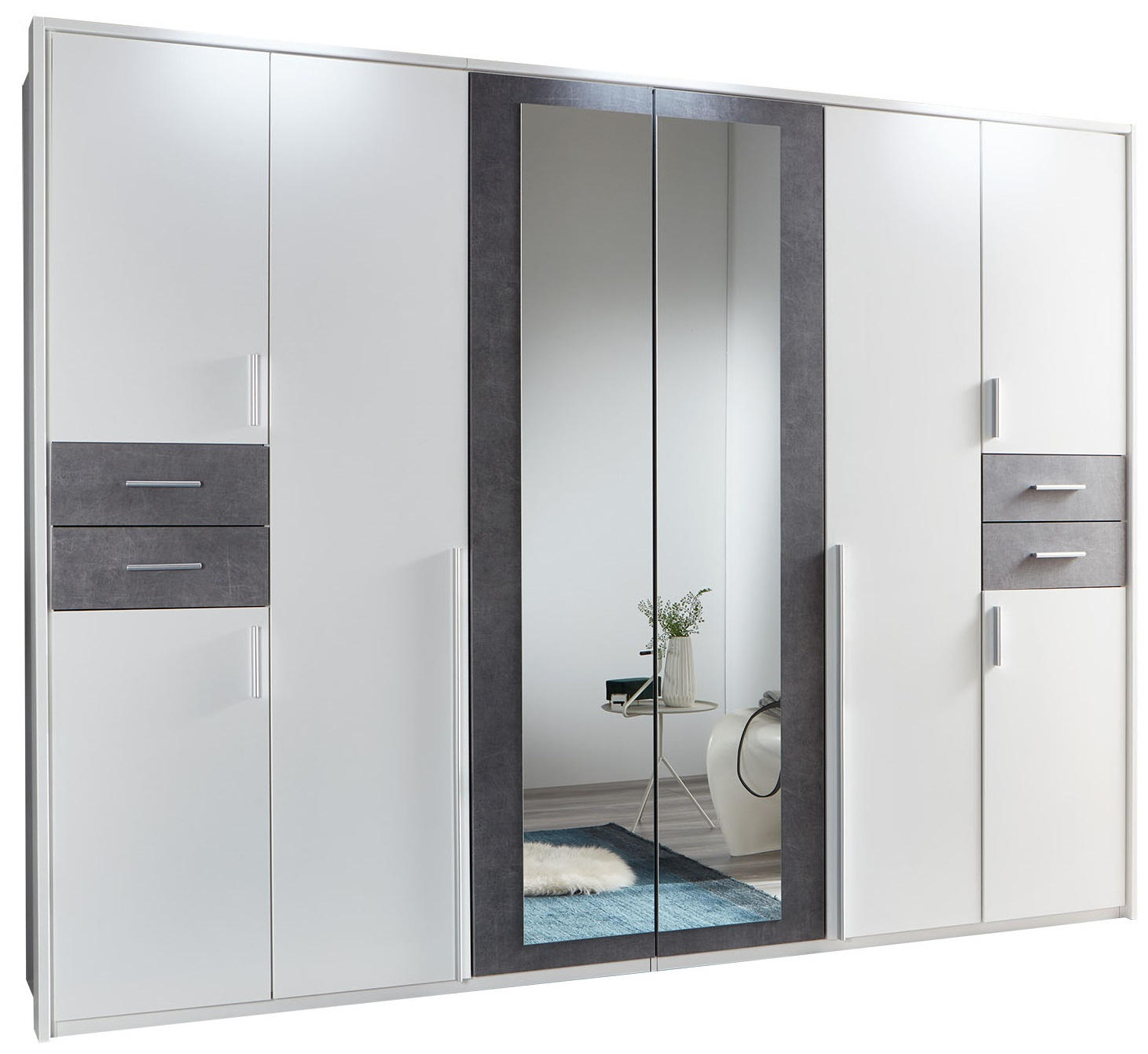 KLEIDERSCHRANK 8-türig Grau, Weiß - Silberfarben/Weiß, Basics, Holzwerkstoff/Kunststoff (270/208/58cm) - MID.YOU