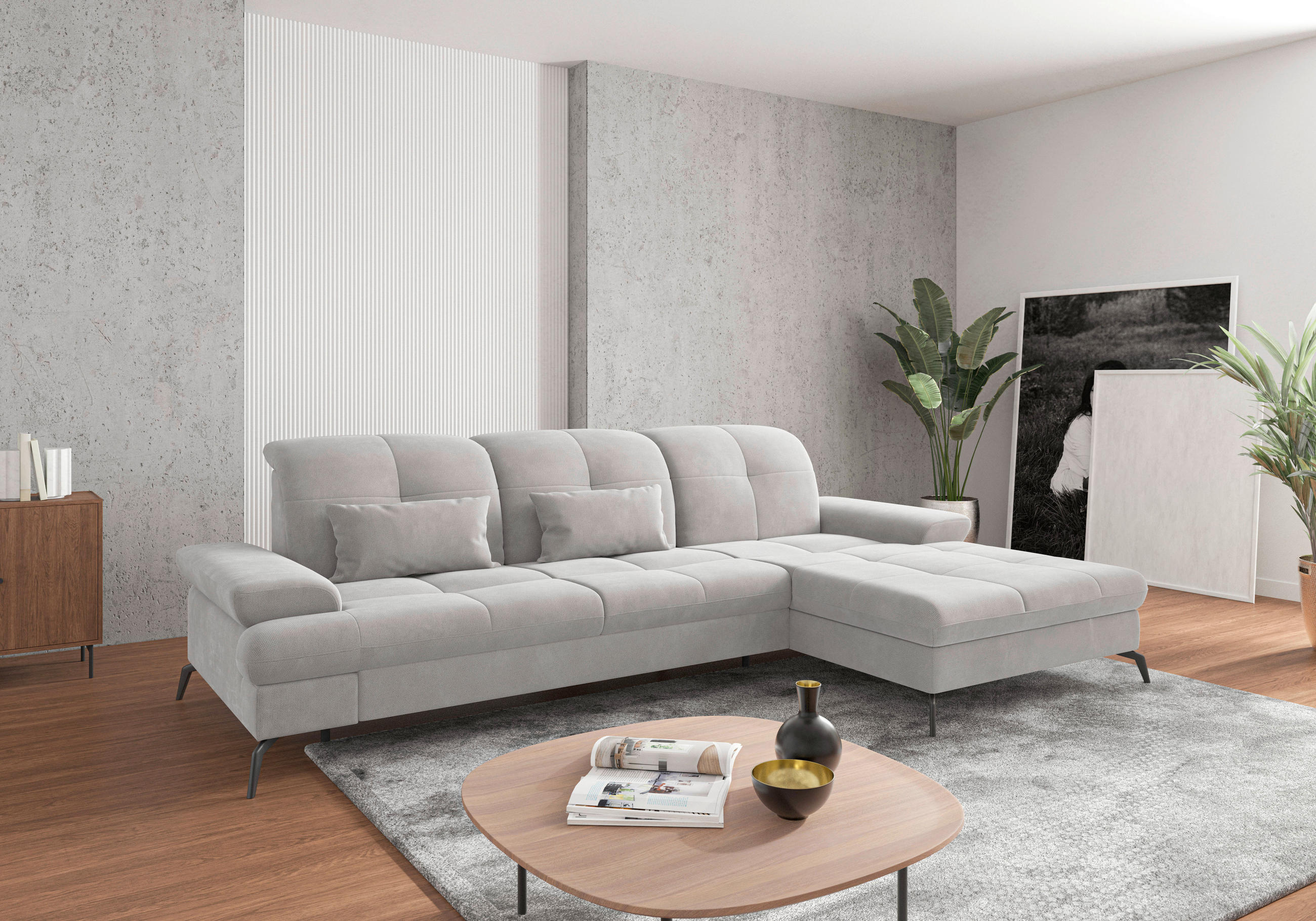 ECKSOFA Silberfarben Flachgewebe  - Silberfarben/Schwarz, KONVENTIONELL, Textil/Metall (279/185cm) - Sit & More