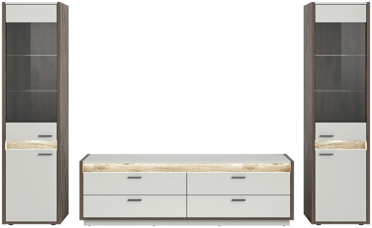 WOHNWAND 3-teilig  in Hellgrau  319/198/43 cm  - Hellgrau, Design, Glas/Holzwerkstoff (319/198/43cm) - MID.YOU
