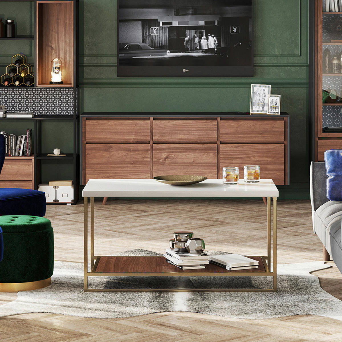 COUCHTISCH PLAYBOY 120/60/45 cm rechteckig Weiß, Nussbaumfarben, Goldfarben  - Nussbaumfarben/Goldfarben, KONVENTIONELL, Holzwerkstoff/Metall (120/60/45cm) - Playboy