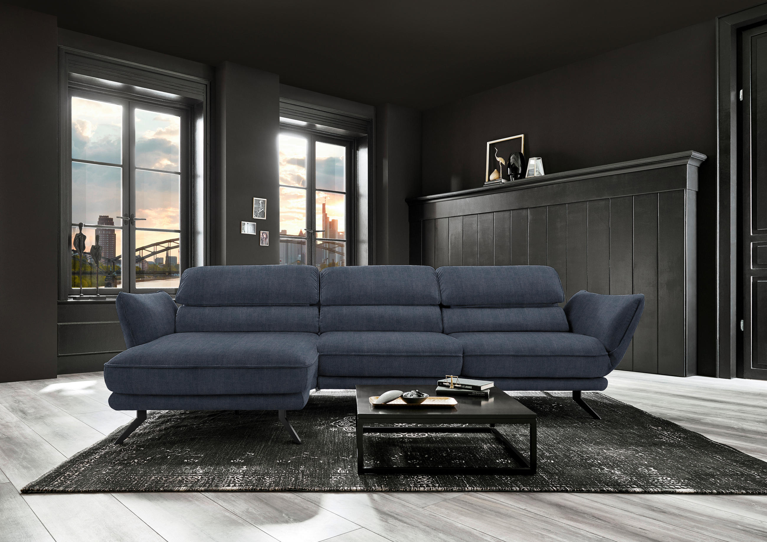 ECKSOFA in Velours Blau  - Blau/Schwarz, Design, Textil/Metall (153/283cm) - Valdera