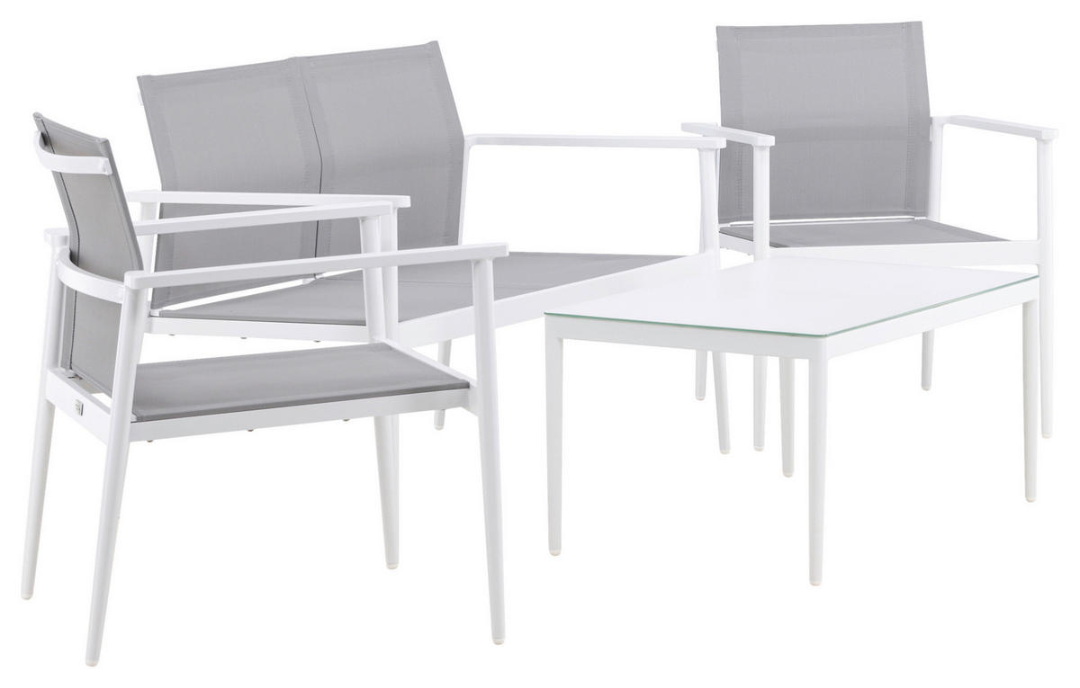 LOUNGEGARNITUR 4-teilig   Aluminium  - Weiß/Grau, KONVENTIONELL, Glas/Textil - Gardenson