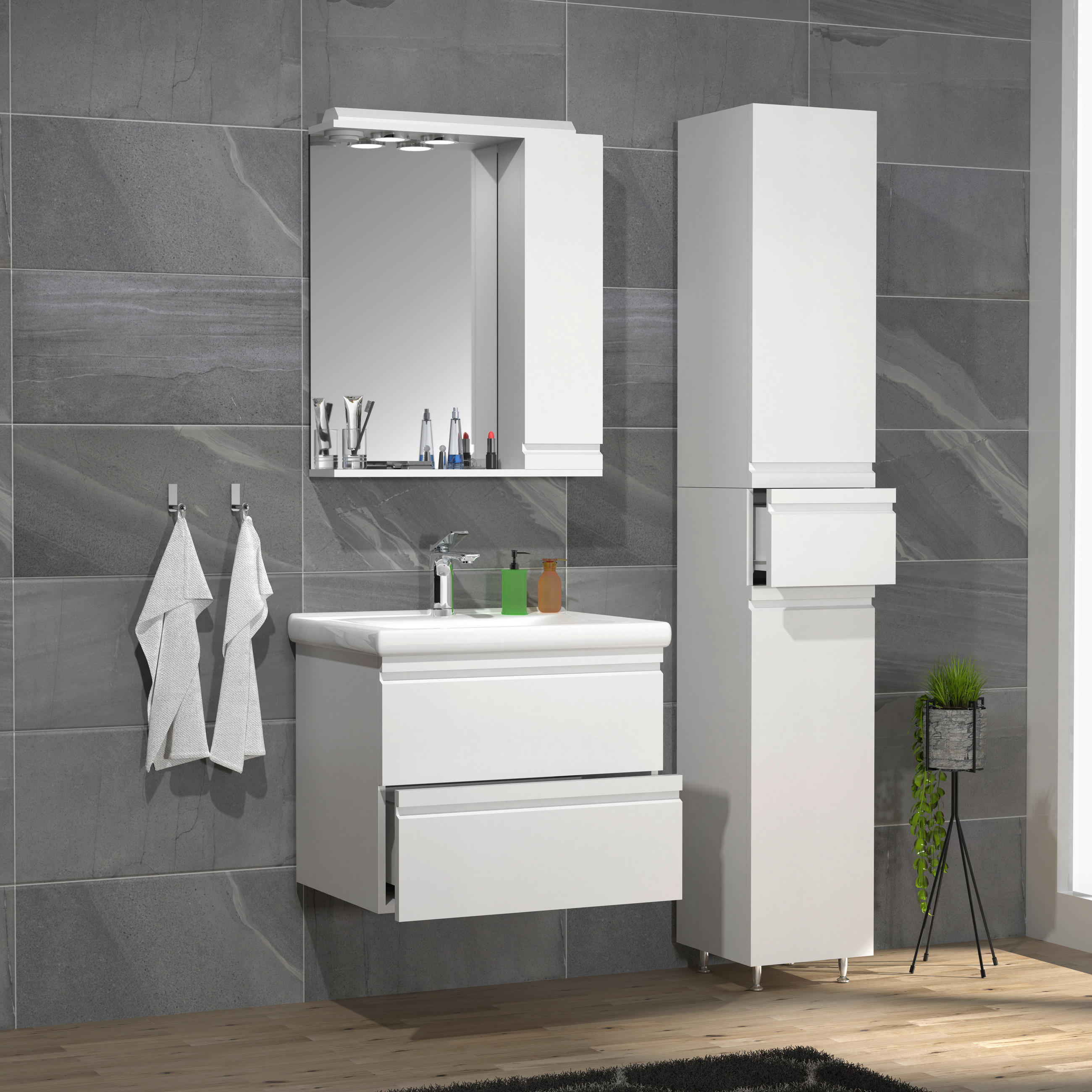 BADEZIMMER 4-teilig  in 90 cm  - Weiß, MODERN, Glas/Keramik (90cm) - MID.YOU