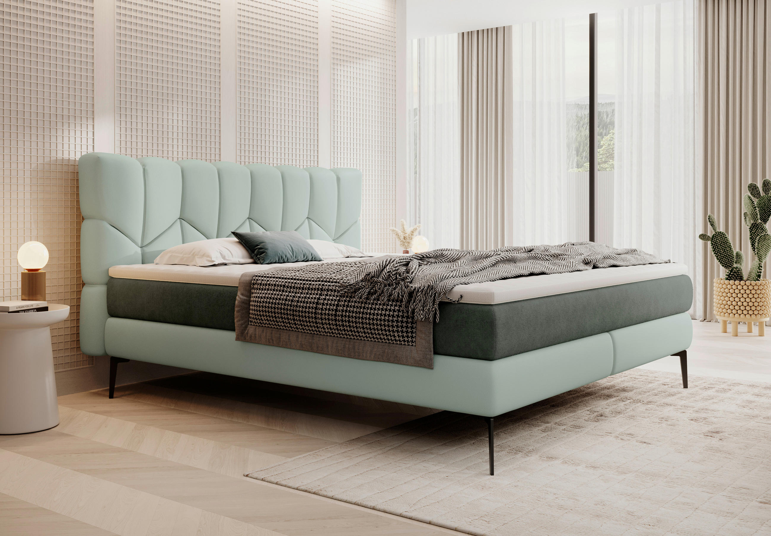 Thumbnail - Esposa Boxspringbett, Mintgrün, Textil, Kombination Echtleder/Stoff,Echtleder, Rindleder, H2 + H3, 7-Zonen, Höhe ca. 17,...