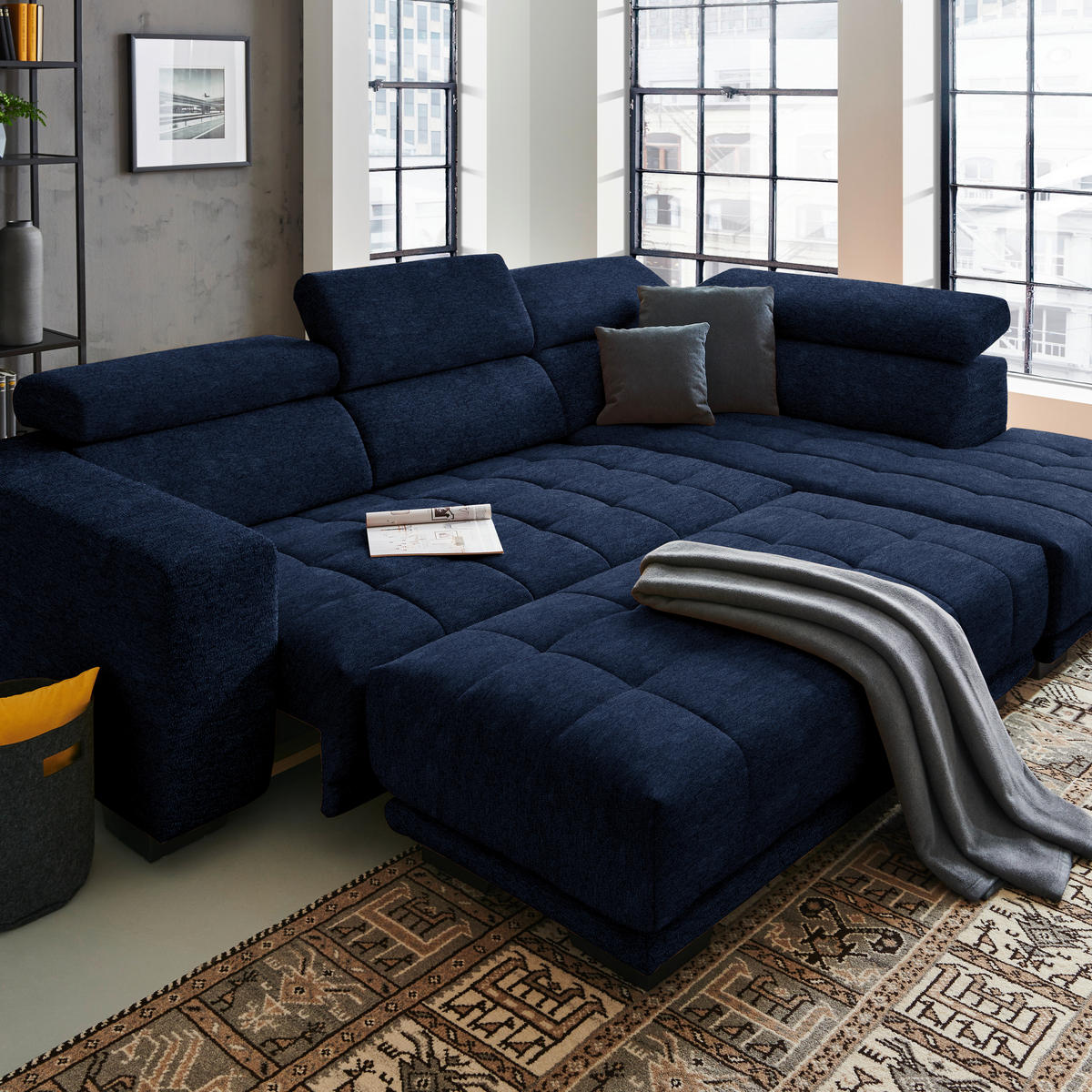 ECKSOFA  in Mikrofaser Dunkelblau  301/207 cm  - Schwarz/Dunkelblau, Design, Textil/Metall (301/207cm) - Xora