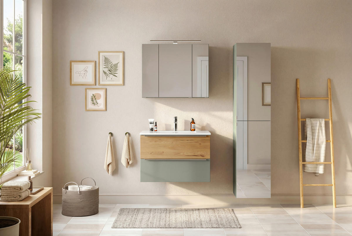 BADEZIMMER 2-teilig  in 80 cm  - Schilfgrün/Wildeiche, Trend, Glas/Holzwerkstoff (80cm) - Held