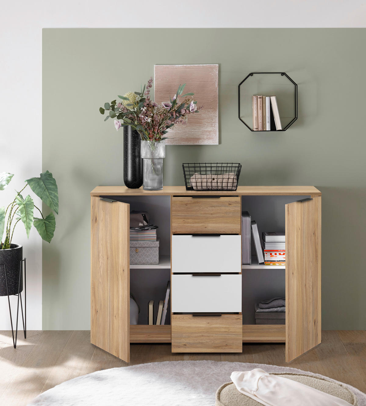 SIDEBOARD 135/89/40 cm  in Weiss, Eichefarben  - Weiss/Eichefarben, Konventionell, Holzwerkstoff/Kunststoff (135/89/40cm) - Carryhome