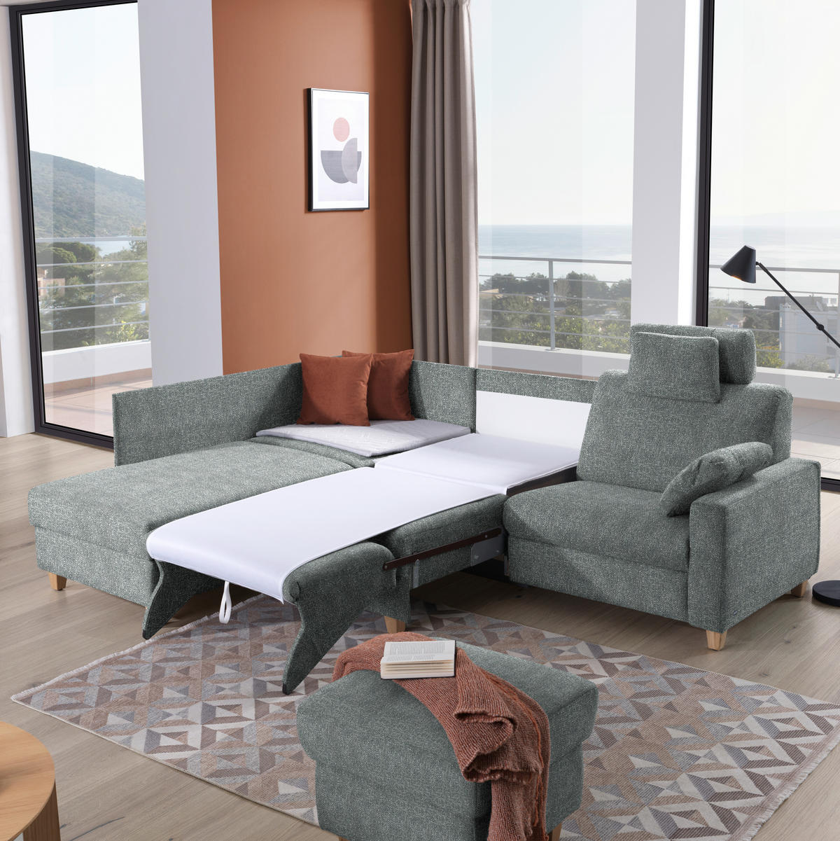 ECKSOFA  in Mikrovelours Graugrün  203/261 cm  - Eichefarben/Graugrün, KONVENTIONELL, Holz/Textil (203/261cm) - Sedda