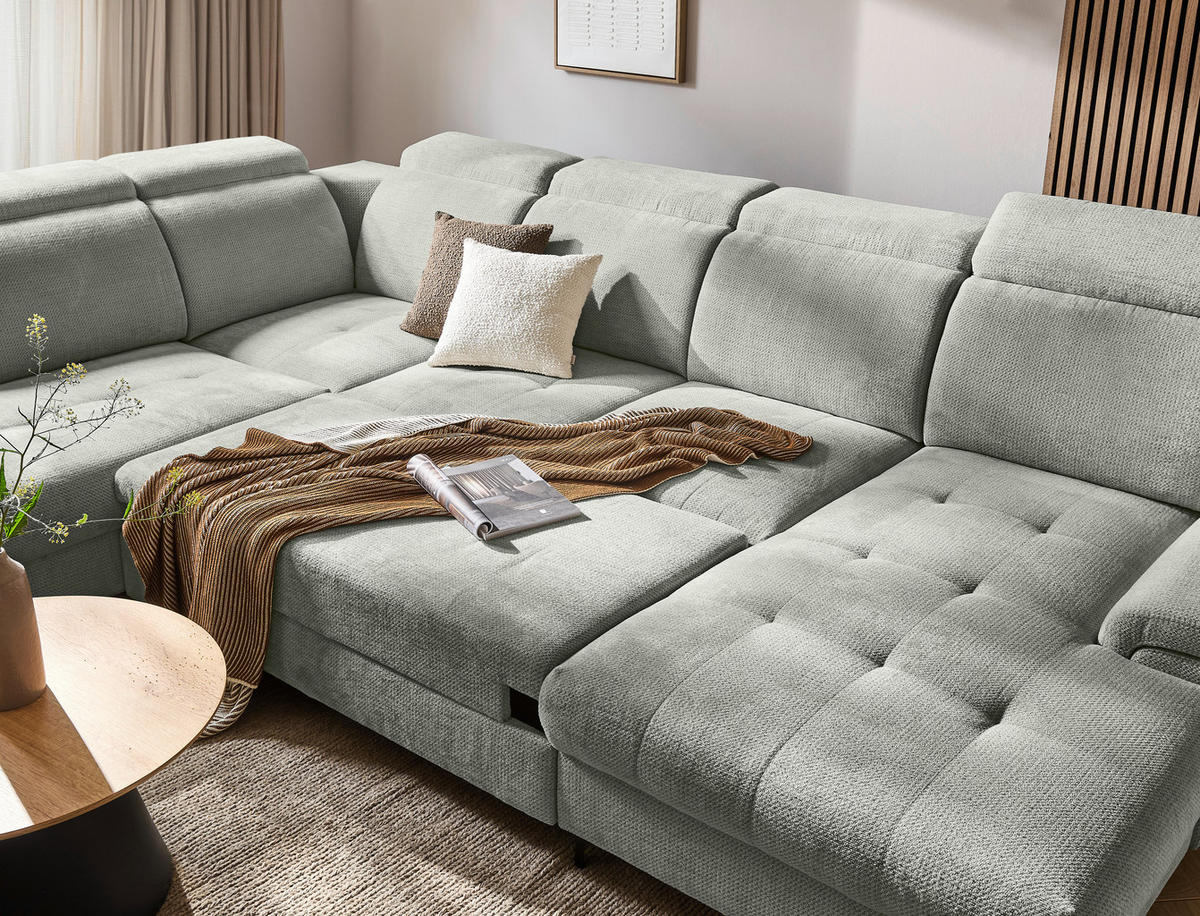 WOHNLANDSCHAFT Grau, Hellgrau Struktur  - Hellgrau/Schwarz, Design, Textil/Metall (270/364/190cm) - Stylife