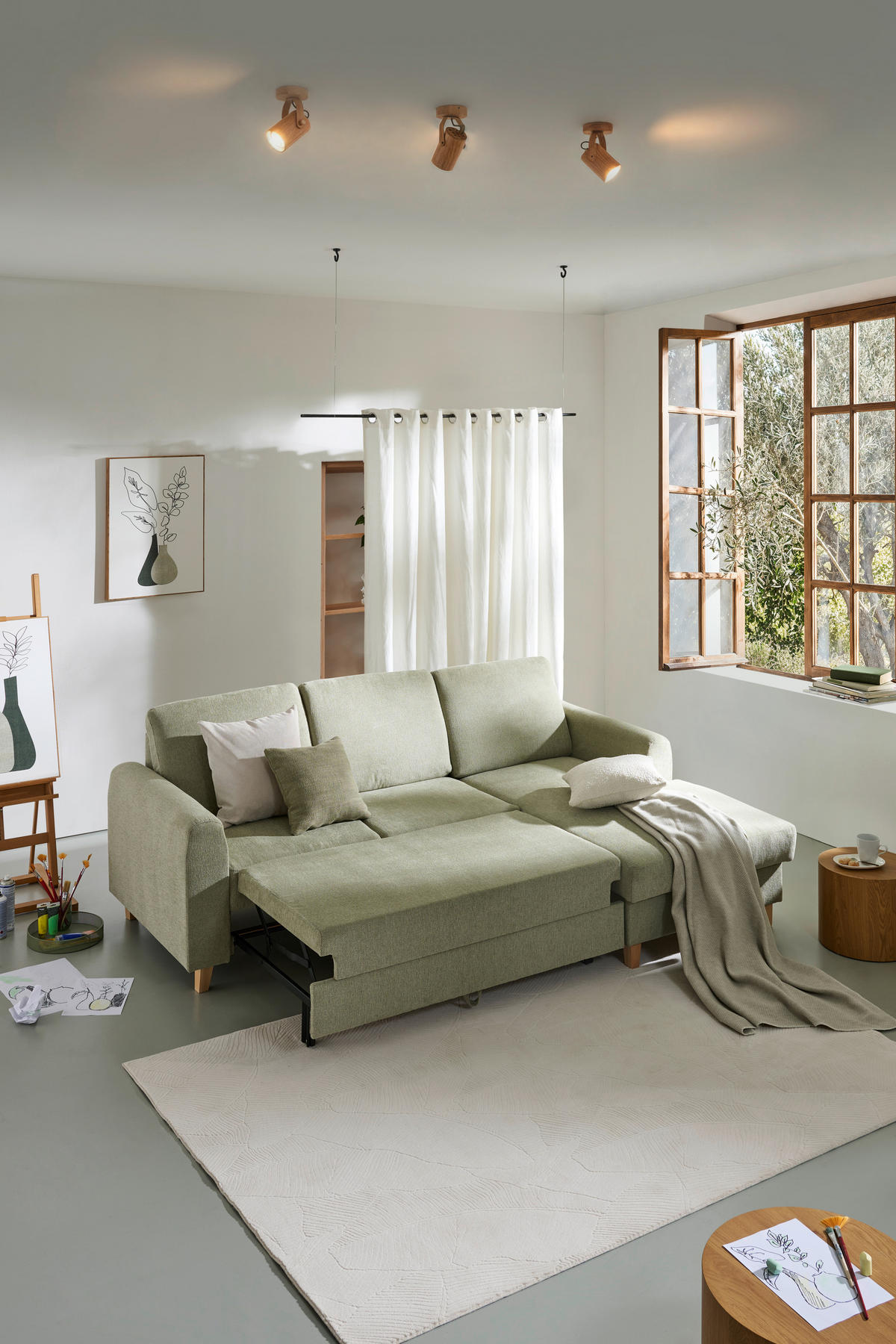 ECKSOFA Hellgrün Flachgewebe  - Buchefarben/Hellgrün, KONVENTIONELL, Holz/Textil (241/166cm) - Carryhome