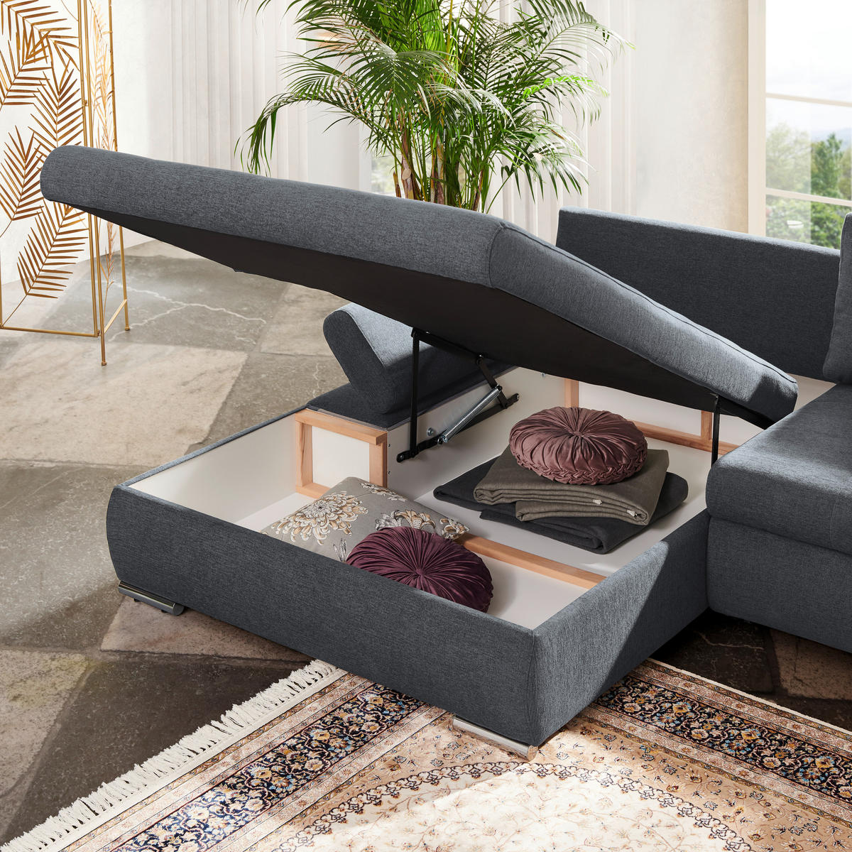ECKSOFA in Flachgewebe Rosa  - Silberfarben/Rosa, Design, Textil/Metall (174/306cm) - MID.YOU