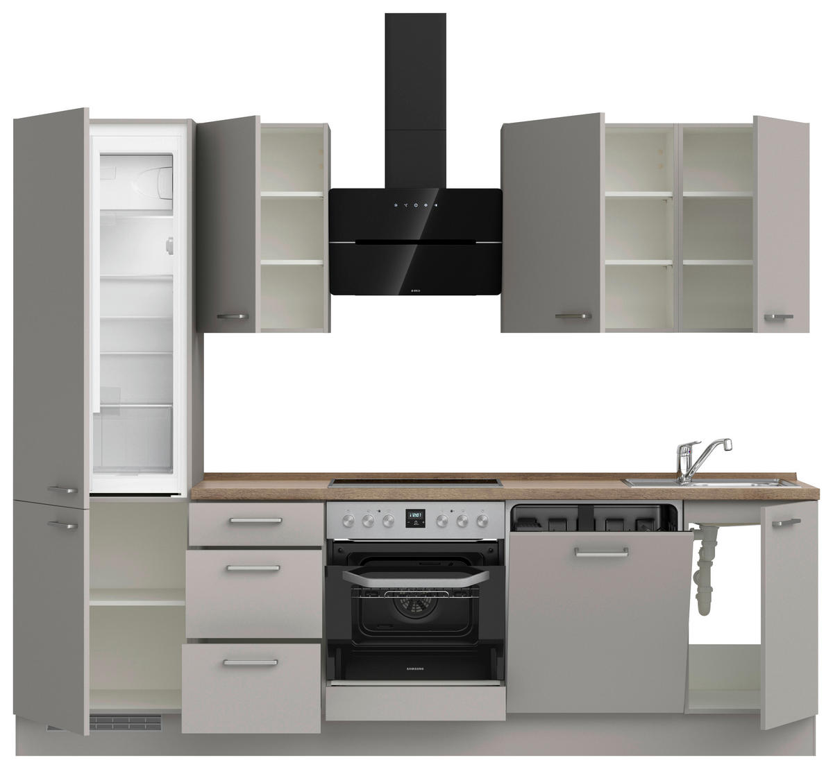 KÜCHENLEERBLOCK 270 cm   in Grau, Eiche dunkel  - Eiche dunkel/Edelstahlfarben, MODERN, Holzwerkstoff/Metall (270cm) - Nobilia