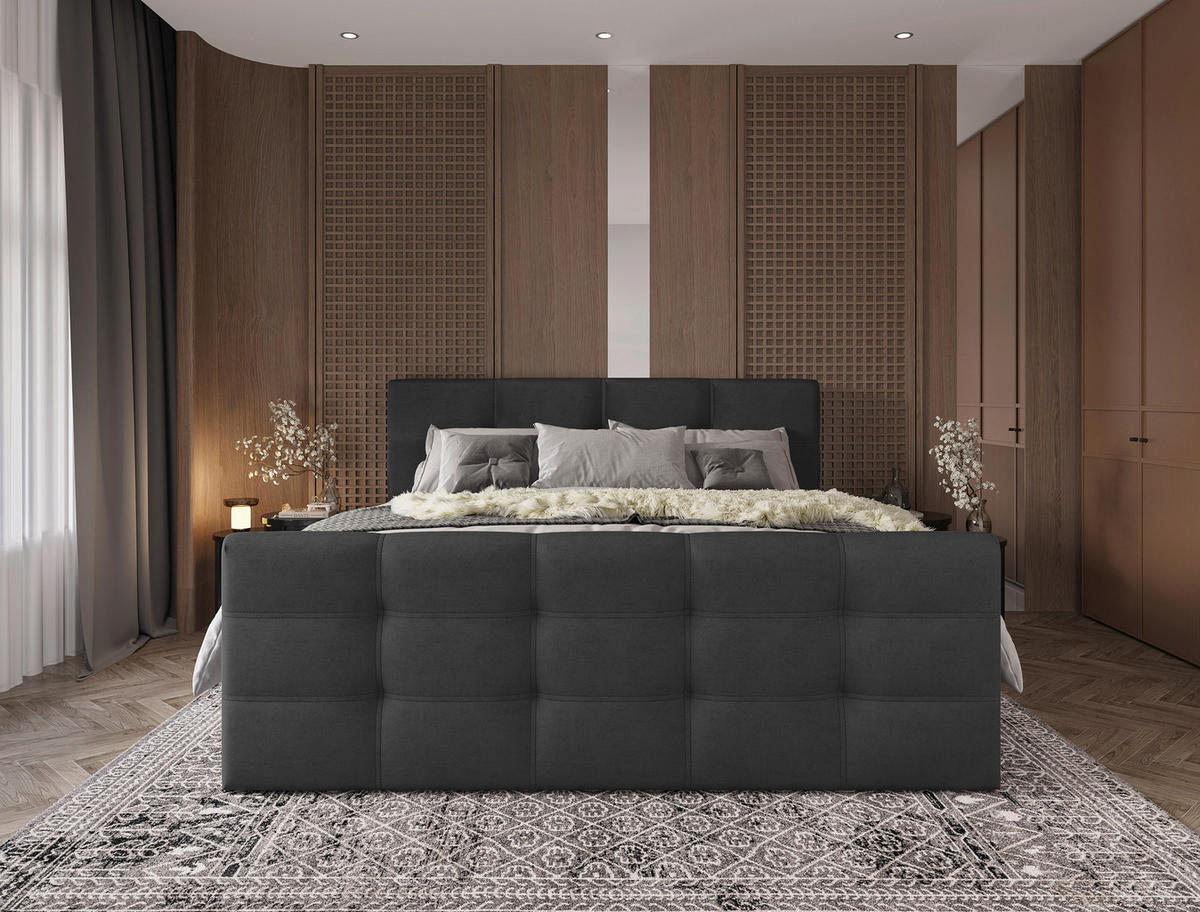 BOXBETT 180/200 cm,  in Anthrazit, gepolstertes Kopfteil, Bettkasten, Topper, Matratzen, Wendematratze mit unterschiedlichen Härtegraden, H2 + H3 = mittel + fest  - Anthrazit/Schwarz, Basics, Kunststoff/Textil (180/200cm) - Chameo