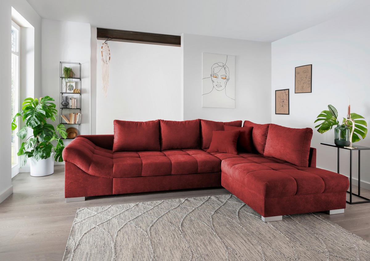 ECKSCHLAFSOFA Rot Mikrofaser  - Silberfarben/Rot, Design, Holz/Textil (298/202cm) - MID.YOU